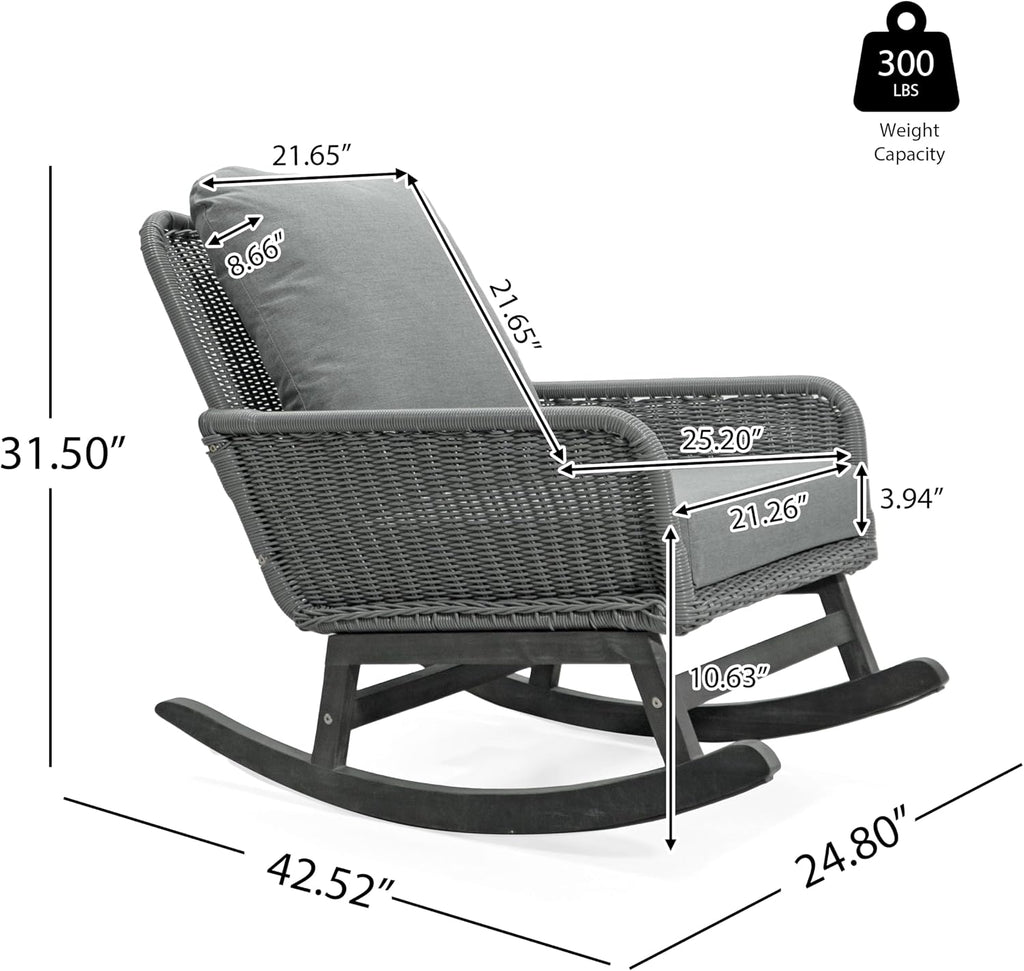 Christopher Knight Home Nadine Patio Rocking Chair, Wicker Rocker, Wood Leg Rocking Chair, PE Rattan Wicker Chair, Rocking Chair with Cushions, Comfort Wicker Rocker for Backyard Balcony Porch, Gray