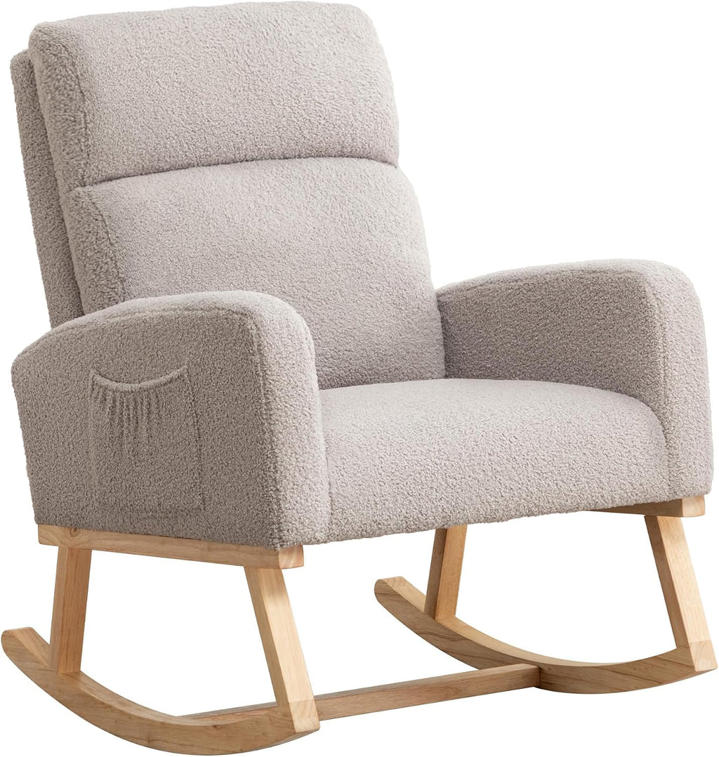 Rocking Chair Nursery, Rocker Nursing Chairs for Breastfeeding with Wood Legs and Side Pocket, Comfortable Glider Roking Chair for Nursery, Living Room, Bedroom,Teddy Light Grey