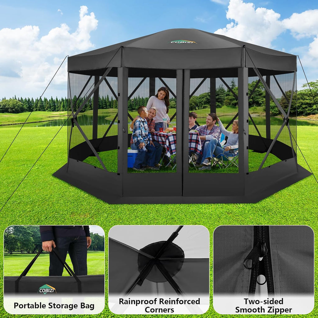COBIZI Pop Up Gazebo Screen Tent Screen House for Camping, 15x15 Screen Room with Mosquito Netting, Hub Tent Instant Screened Canopy with Carrying Bag and Ground Stakes, Black