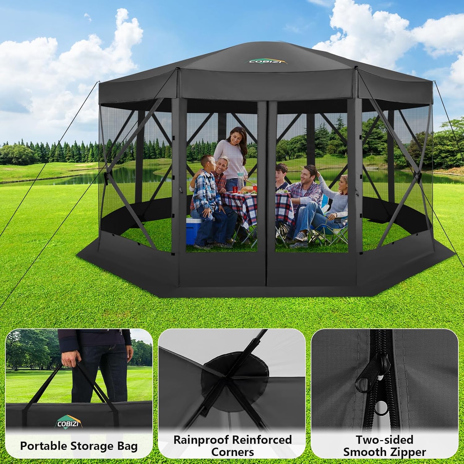 COBIZI Pop Up Gazebo Screen Tent Screen House for Camping, 15x15 Screen Room with Mosquito Netting, Hub Tent Instant Screened Canopy with Carrying Bag and Ground Stakes, Black