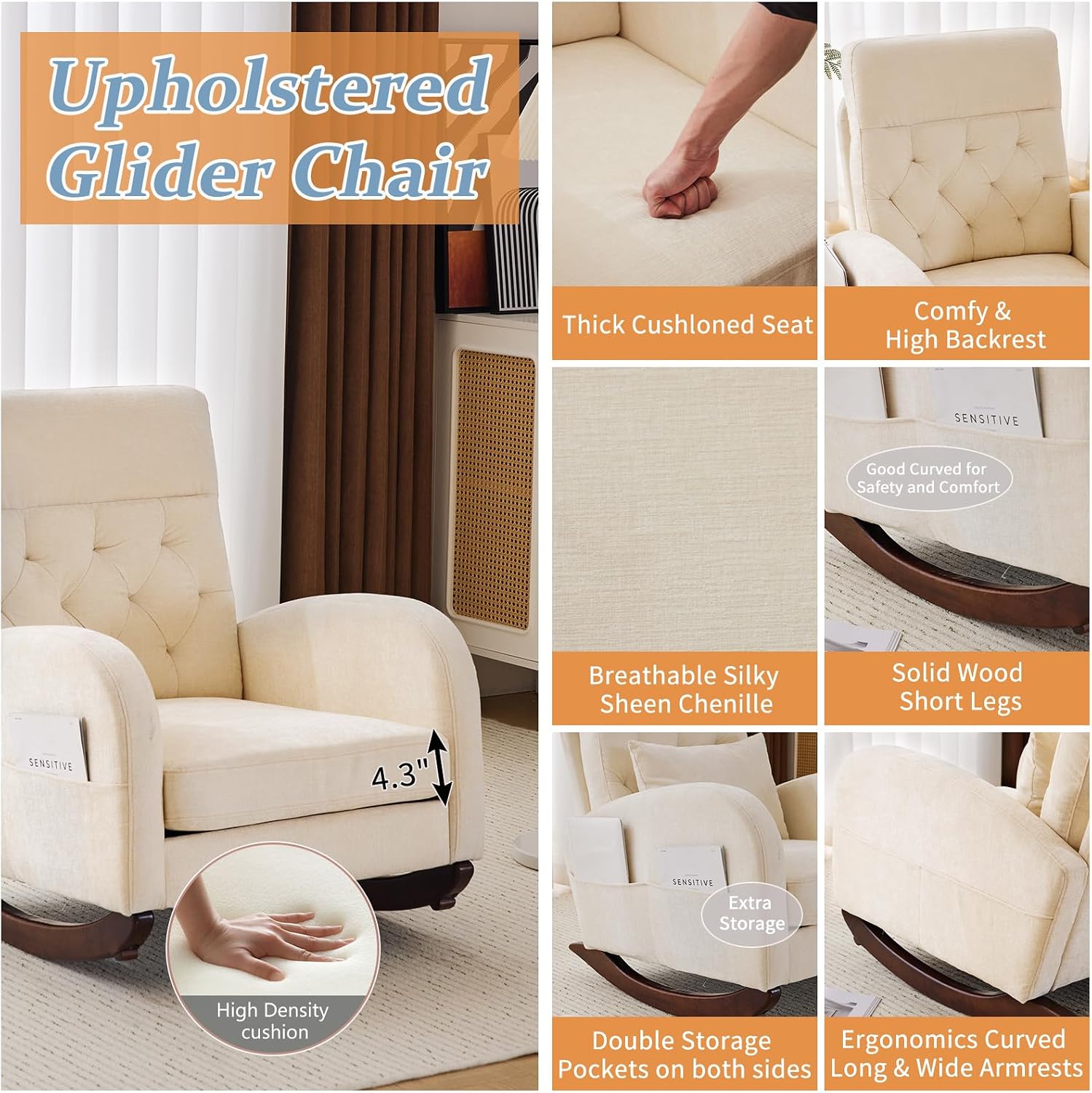 VINGLI Chenille Low Seat Rocking Chair,Upholstered Nursery Glider Chair with Side Pockets,Accent Arm Chair with High Backrest,Comfy Head Rest, and Solid Wood Base For Living Room Bedroom Balcony,Beige