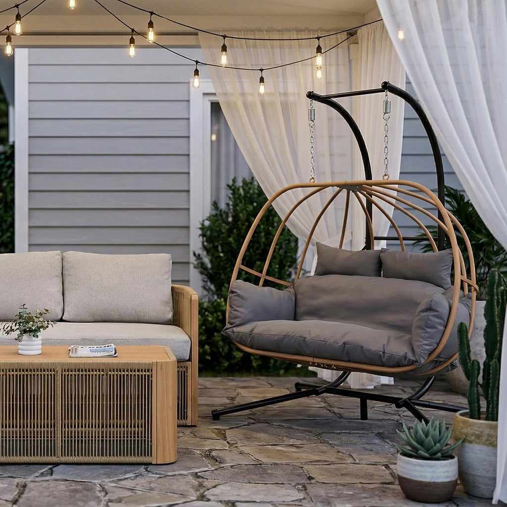 Double Egg Swing Chair Outdoor, 2 Person Egg Chair Outdoor with Cushions, Imitation Rattan Hanging Egg Chairs Basket, Hanging Chairs with Stand, Metal Nest Swing Egg Chair for Balcony, Grey