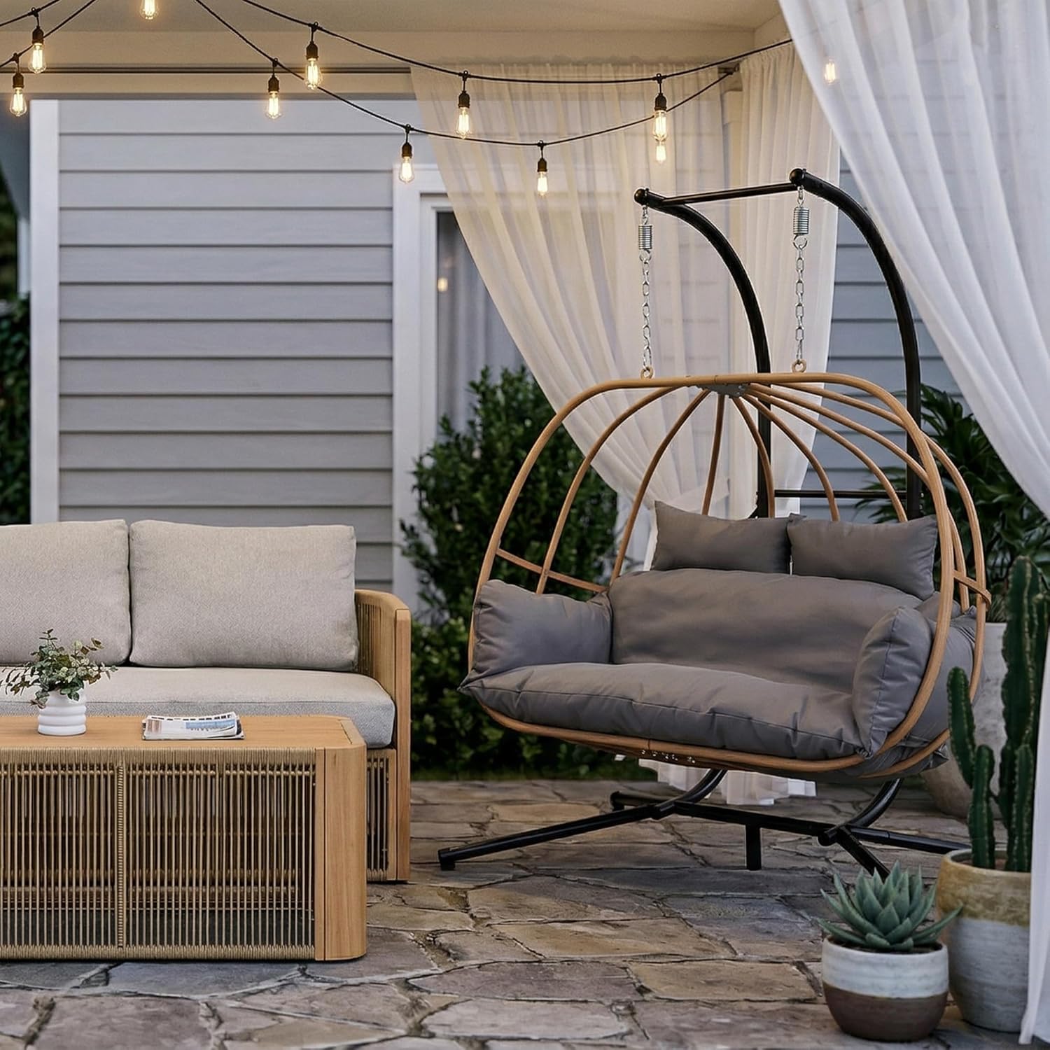 Double Egg Swing Chair Outdoor, 2 Person Egg Chair Outdoor with Cushions, Imitation Rattan Hanging Egg Chairs Basket, Hanging Chairs with Stand, Metal Nest Swing Egg Chair for Balcony, Grey