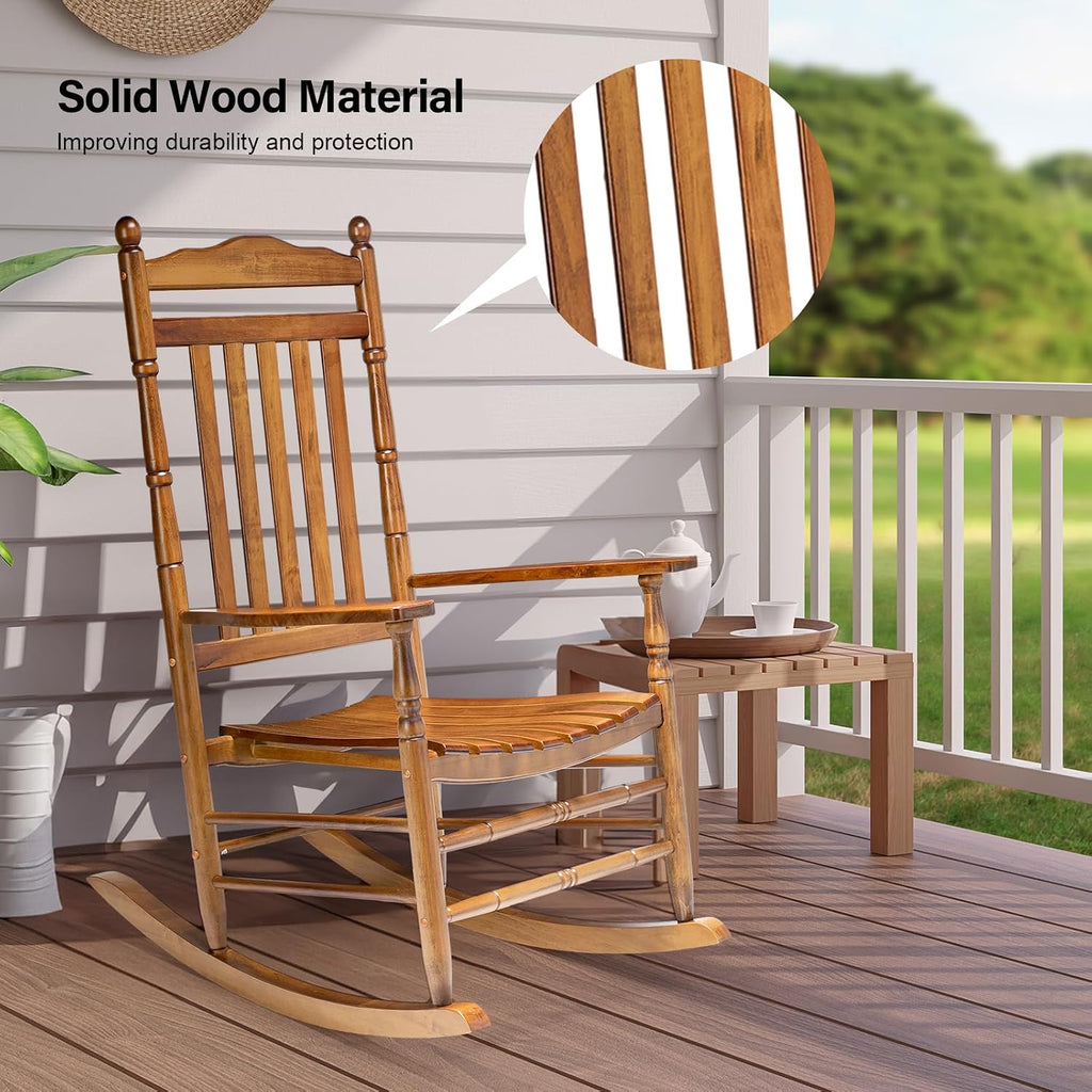 VINGLI Wooden Rocking Chair Outdoor Set of 2, Patio Rockers with High Back, Support 450 LBS Rocking Chairs, for Porch, Patio, Balcony, Garden, Yard (Oak, 2 PCS)