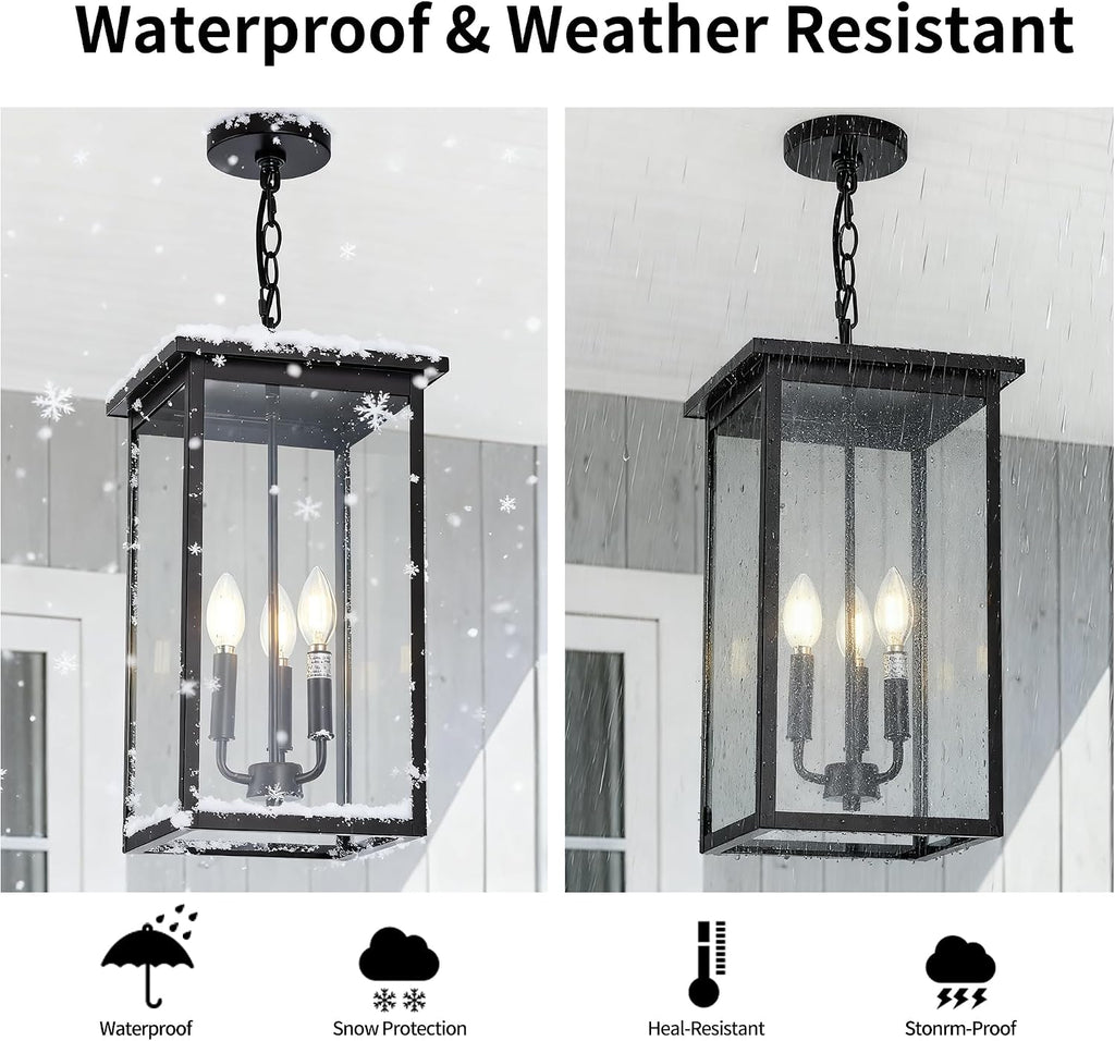 Large Outdoor Pendant Light Fixtures, Oil Rubbed Bronze 3-Lights Outdoor Ceiling Hanging Lanterns with Clear Glass, Exterior Gazebo Light for Patio, Porch, Yard, Gara