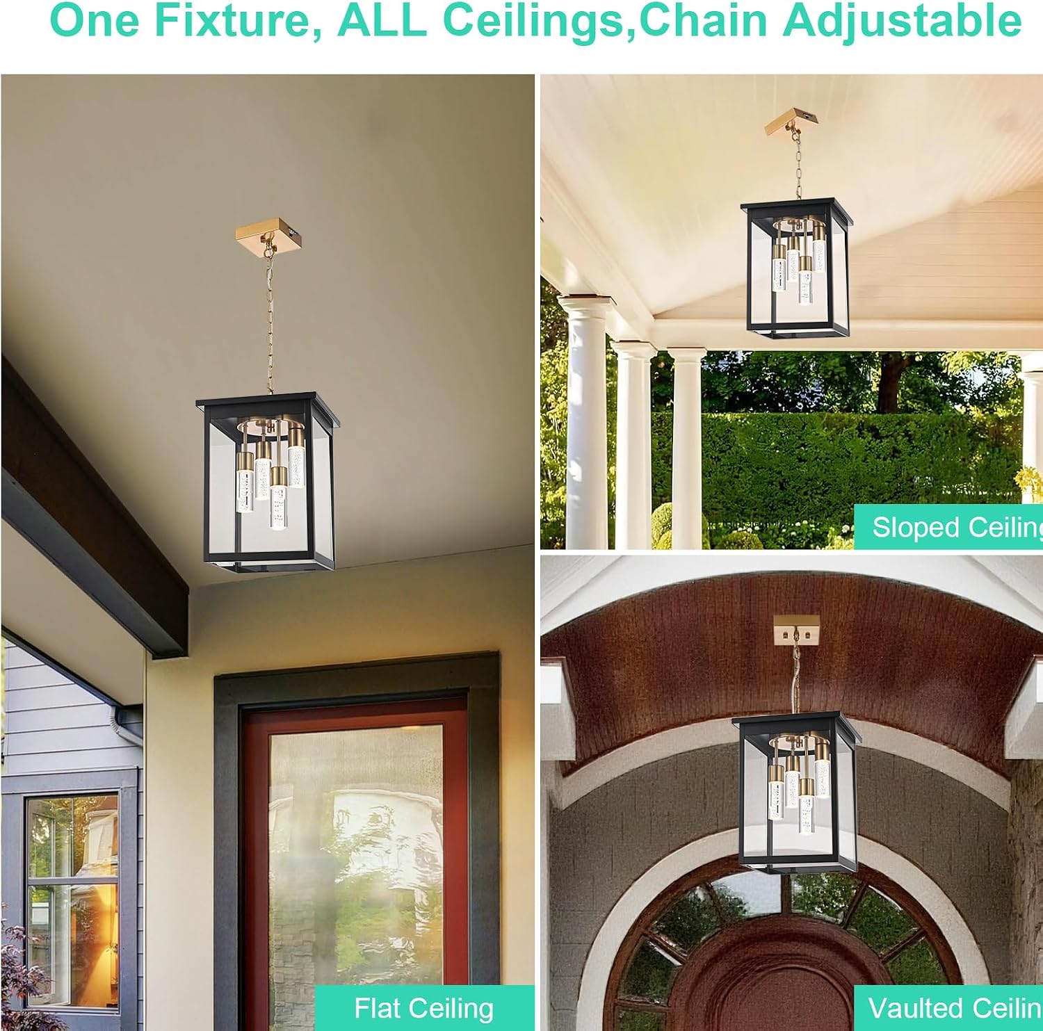 Yaohong Large 5CCT LED Outdoor Pendant Lights for Porch, 4-Lights Modern Black and Brushed Brass Hanging Ceiling Fixture with Acrylic Column & Clear Glass, Weatherproof Chandelier for Foyer Gazebo