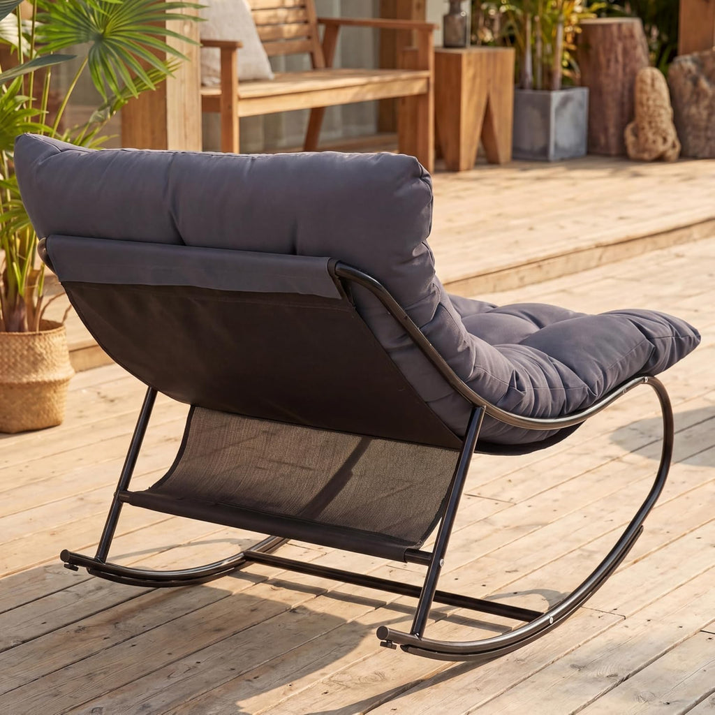 Oversized Double Papasan Rocking Chair Set of 2 with Ottoman, Egg Shaped Patio Lounge Chair with Thick Soft Cushion, Outdoor Relaxation Furniture for Porch, Backyard, Garden, Balcony, Grey