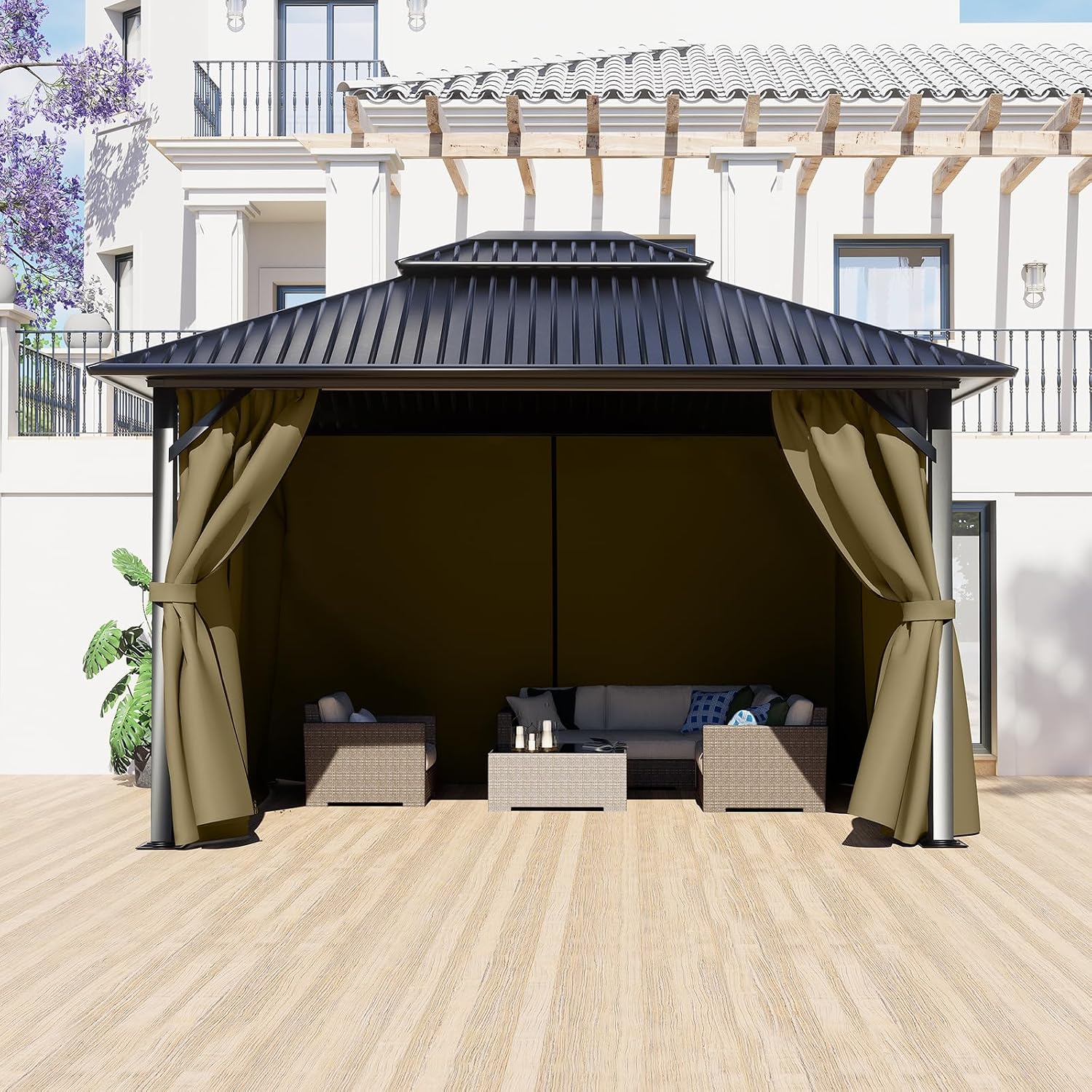 BPS 12' x 16' Gazebo Privacy Curtains with Double Zipper, 4-Panels Side Wall Universal Gazebo Side Panels Replacement for Patio, Outdoor Canopy, Garden and Backyard (Curtain Only)