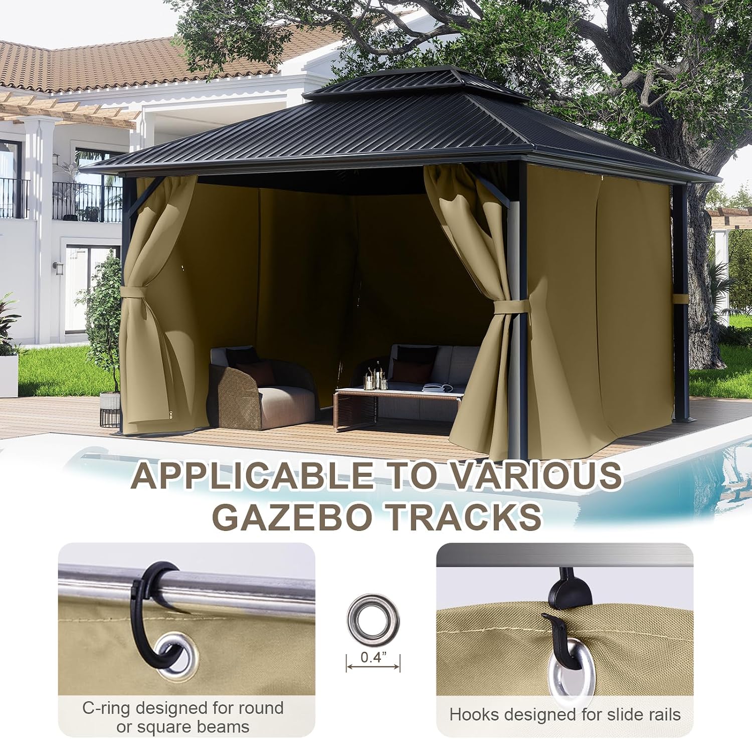 BPS 12' x 16' Gazebo Privacy Curtains with Double Zipper, 4-Panels Side Wall Universal Gazebo Side Panels Replacement for Patio, Outdoor Canopy, Garden and Backyard (Curtain Only)