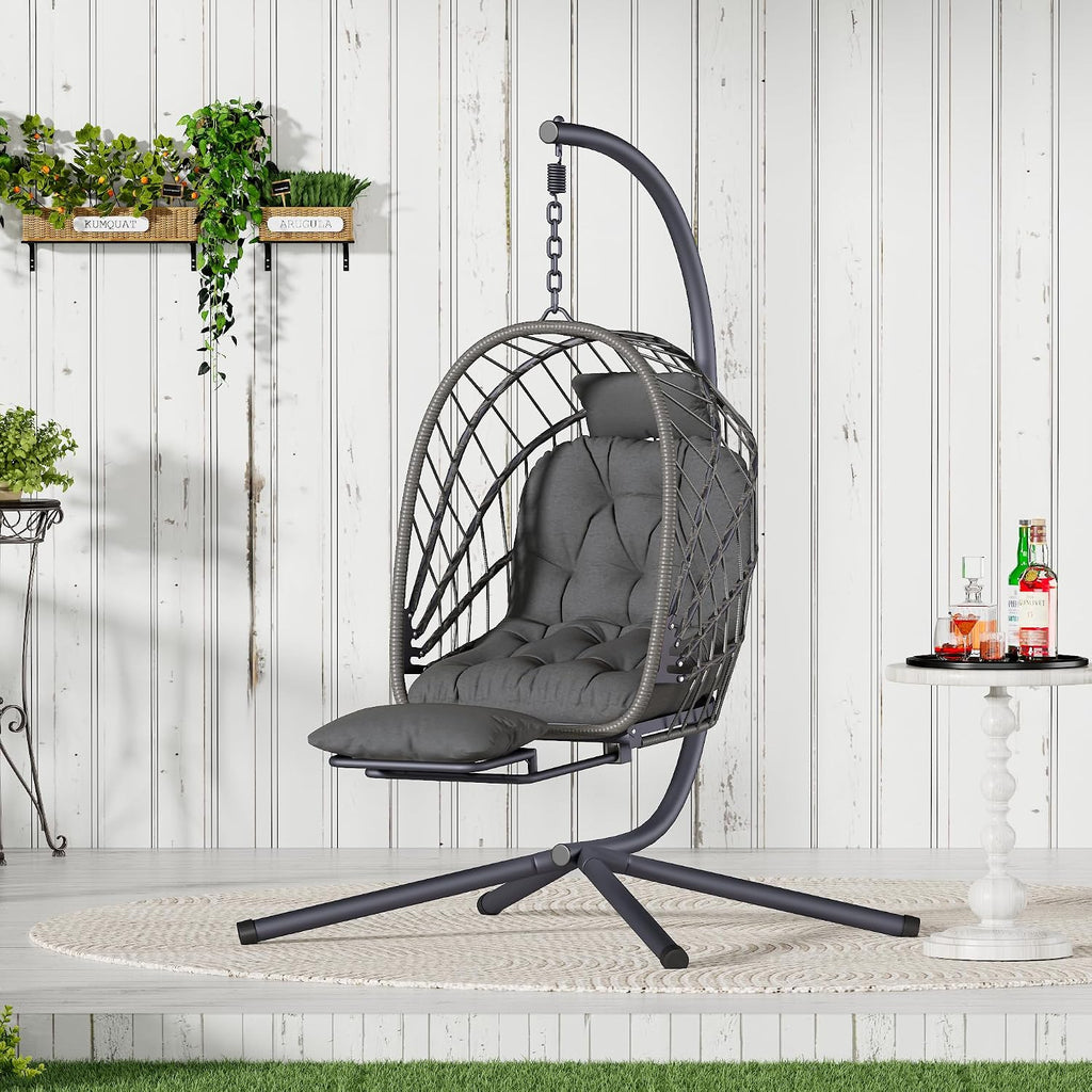 Outdoor Egg Swing Chair with Stand and Footrest, Comfy Patio Hammock Hanging Rocking Egg Chair with Cushion for Bedroom Indoor, Dark Gray (Dark Grey)