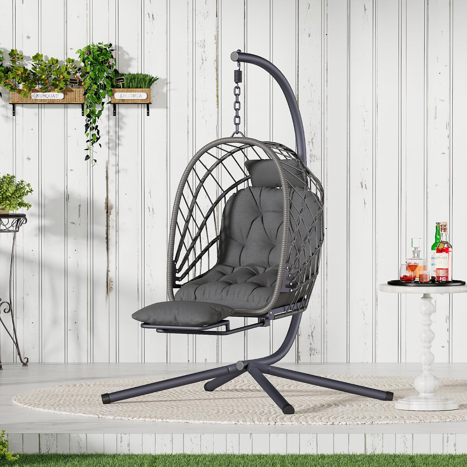 Outdoor Egg Swing Chair with Stand and Footrest, Comfy Patio Hammock Hanging Rocking Egg Chair with Cushion for Bedroom Indoor, Dark Gray (Dark Grey)
