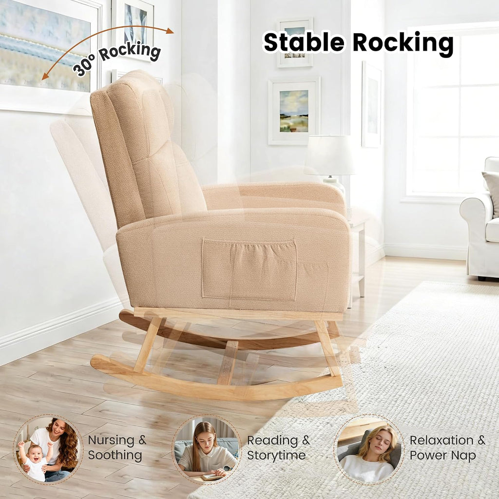 Rocking Chair Nursery, Nursery Rocker Chairs for Mom with High Backrest and Solid Wood Legs, Modern Glider Chairs for Nursing Living Room Bedroom, Khaki