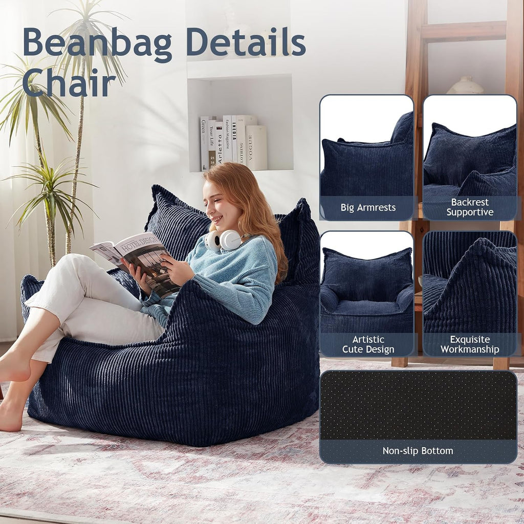 EBENCHICO Giant Bean Bag Chair Sofa for Adults Teens, Comfy Corduroy Large Bean Bag Chairs with Armrests for Bedroom Living Room, Adult BeanBag Lazy Sofa Couch Chairs with Filler Included