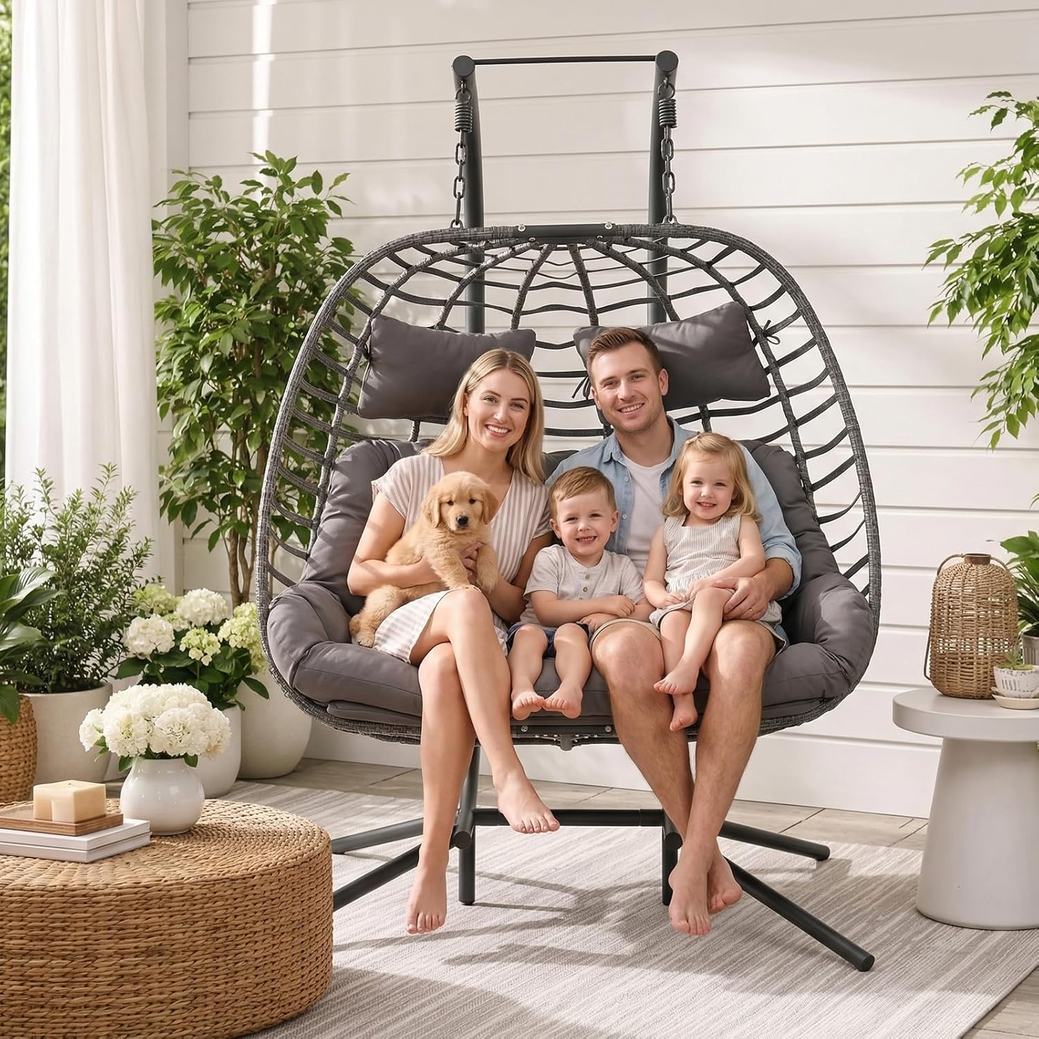 Double Egg Swing Chair with Stand for Outdoor, Patio Hand Made Rattan Wicker 2 Double Hanging Egg Chairs Hammock Chair with UV Resistant Cushion and Metal Frame, Porch Swing Loveseat for Backyard