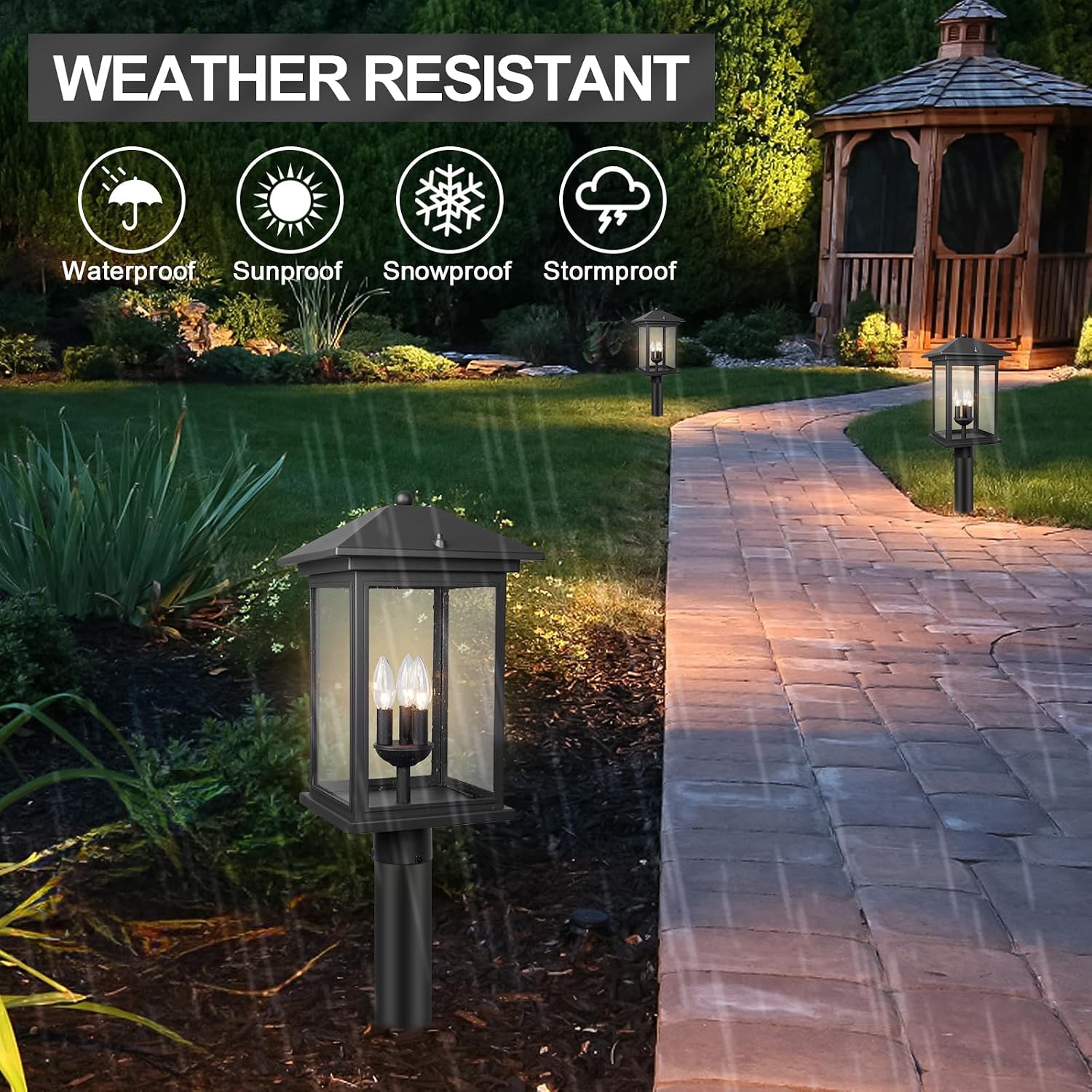 Treekee Outdoor Post Light, 21'' Lamp Post Light Fixture, 3-Light Modern Waterproof Outside Post Lantern Column Lights, Exterior Pole Lighting Pillar Lantern for Yard Garden