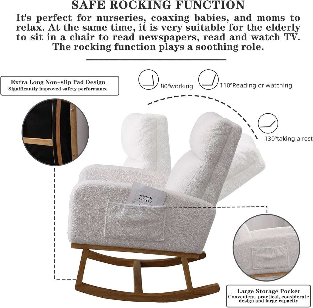 Rocking Chair Nursery,Teddy Rocker Nursing Chairs with Wood Legs & Side Pocket, Comfortable Glider Roking Chair for Nursery, Living Room, Bedroom, Sherpa White