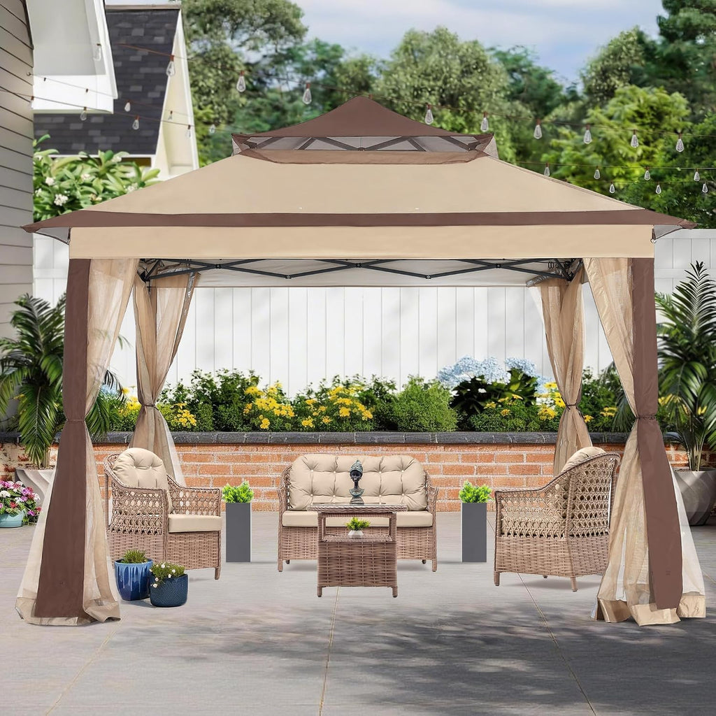 COOSHADE 11x11 Pop Up Gazebo Tent Outdoor Canopy Patio Shelter with Mosquito Netting(Beige)