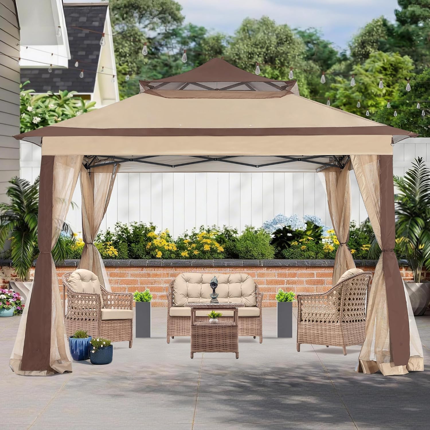 COOSHADE 11x11 Pop Up Gazebo Tent Outdoor Canopy Patio Shelter with Mosquito Netting(Beige)