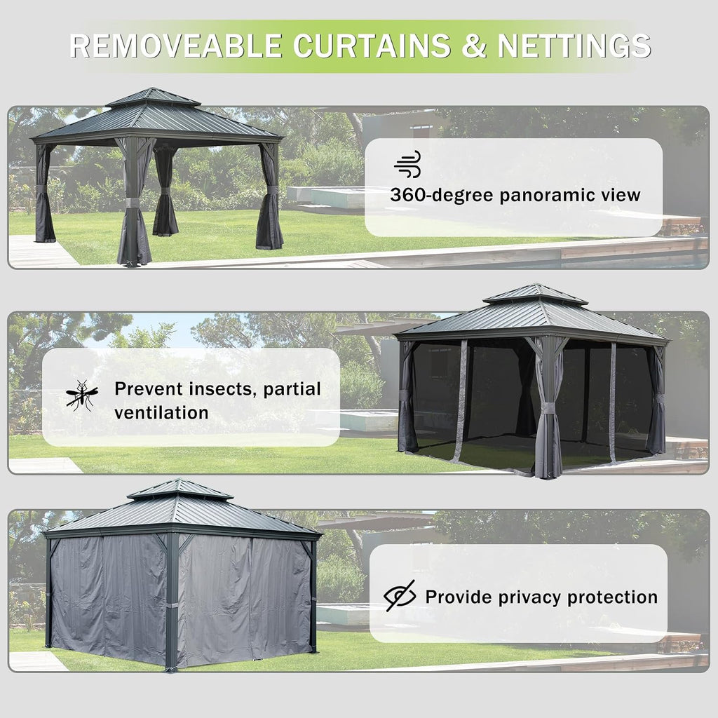 Domi 12x12FT Outdoor Gazebo, Hardtop Gazebo with Galvanized Steel Double Roof, Metal Gazebos with Drainage System for Patio Deck Backyard,Curtain and Netting,Gray