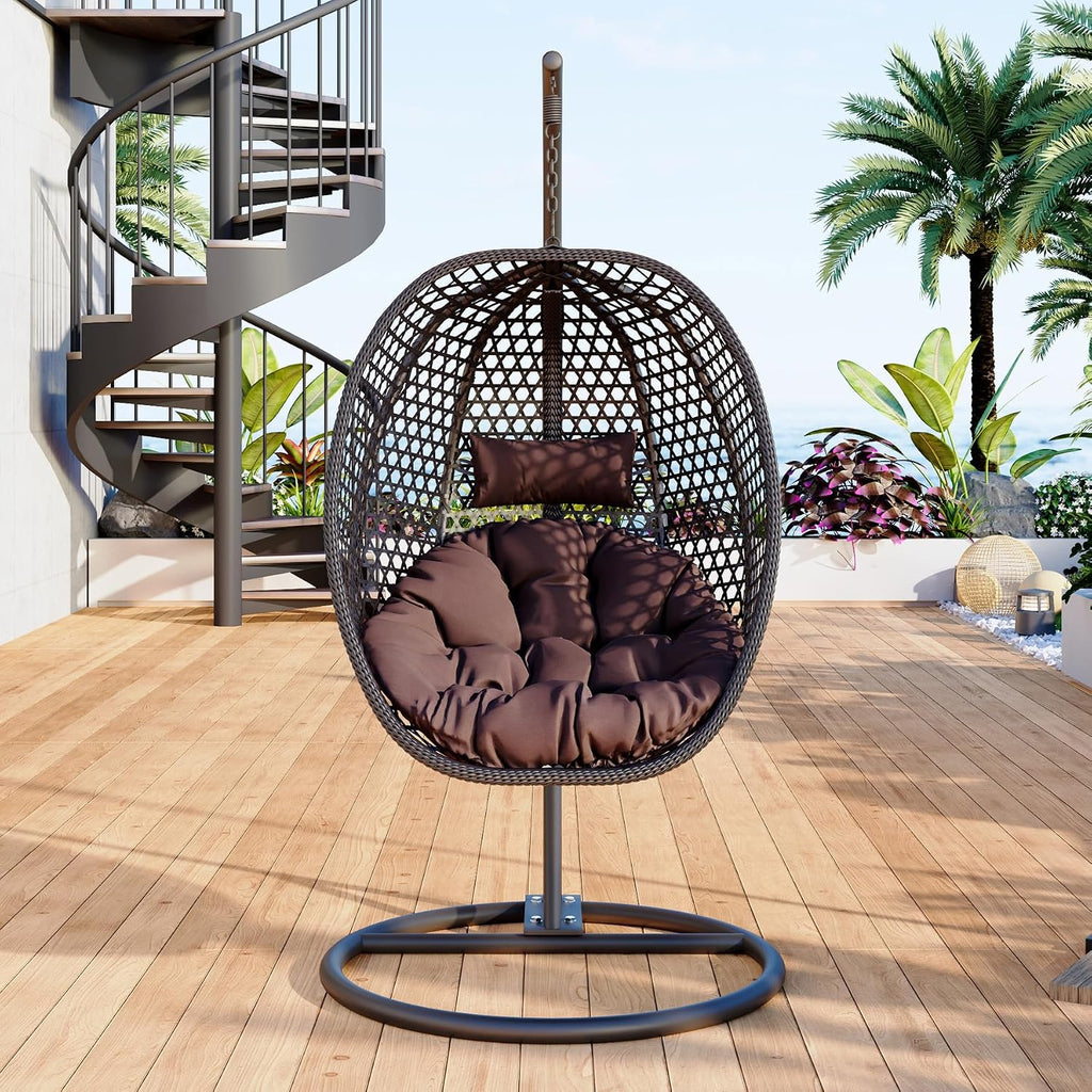 Egg Swing Chair Outdoor with Stand, Hanging Egg Rattan Basket Chair with Cushion and Pillow, Lounge Chair, Foldable Basket and Metal Stand for Porch, Patio, Bedroom, Balcony,Yard (Black)