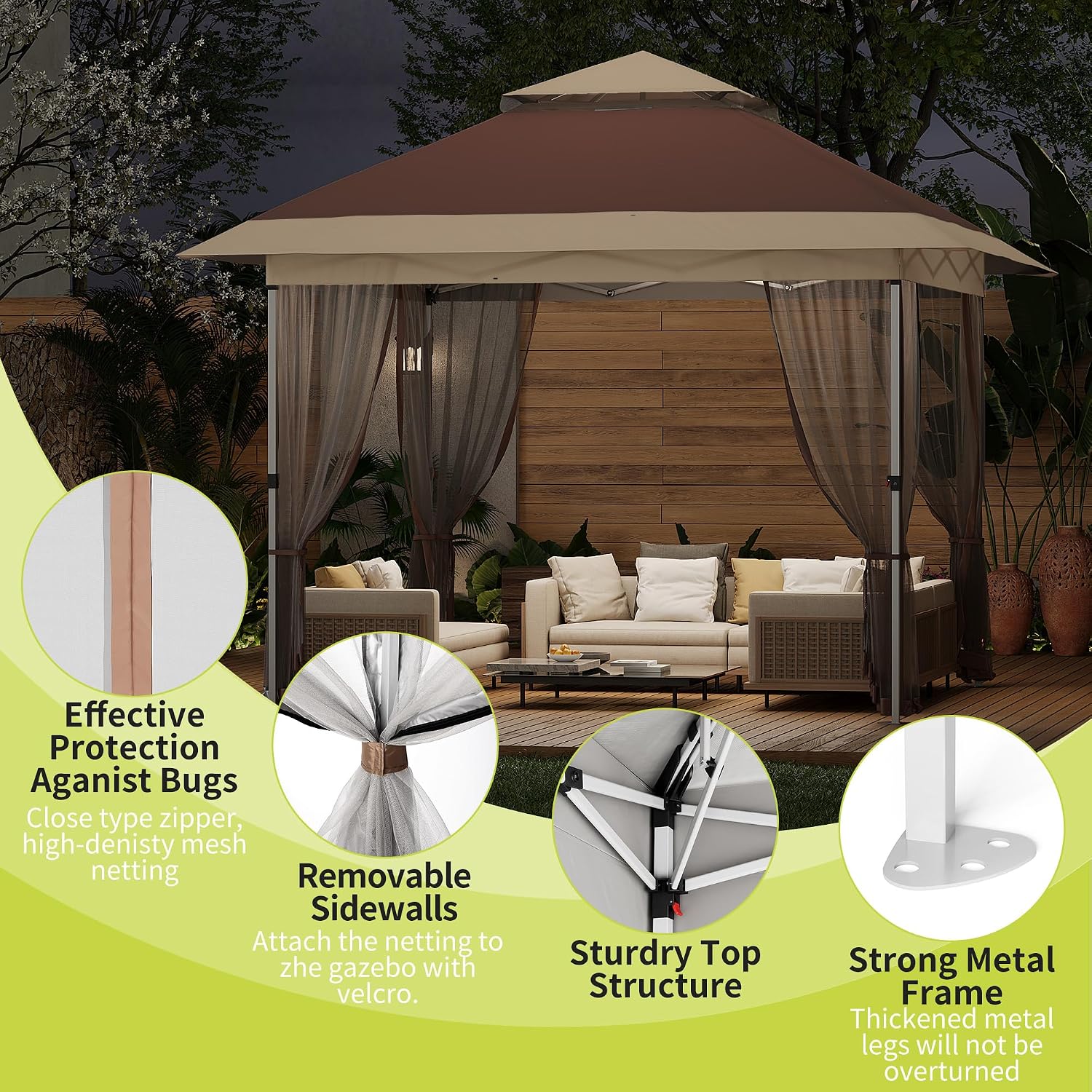GarveeLife 10x10 Canopy Tent, Pop Up Gazebo Tent with Mosquito Netting, Outdoor Canopy with 4 Sandbags & Wheeled Bag & Height Adjustable, Pop Up Gazebo for Patio Garden Backyard Lawn Deck