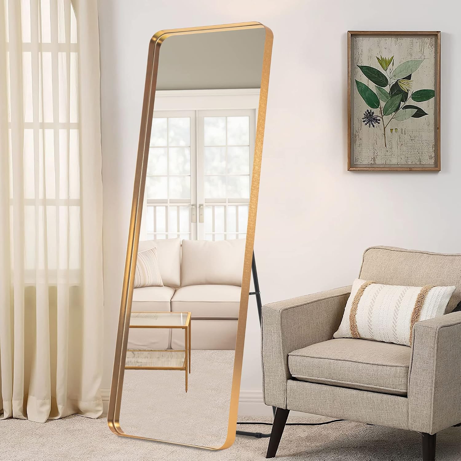 NeuType Full Length Mirror, 63'x20' Floor Mirror Full Body Dressing Mirror Round Corner, Hanging or Leaning Against Wall Large Rectangle Wall Mounted Deep Set Aluminum Alloy Frame for Bedroom, Gold