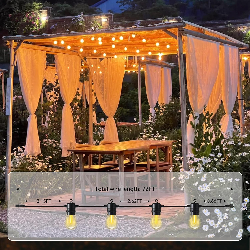 Aoxun 72FT LED Outdoor String Lights with 26 Edison Shatterproof Bulbs(2 Spare), Waterproof Hanging Lights for Gazebo, Porch, Deck, Garden, Backyard