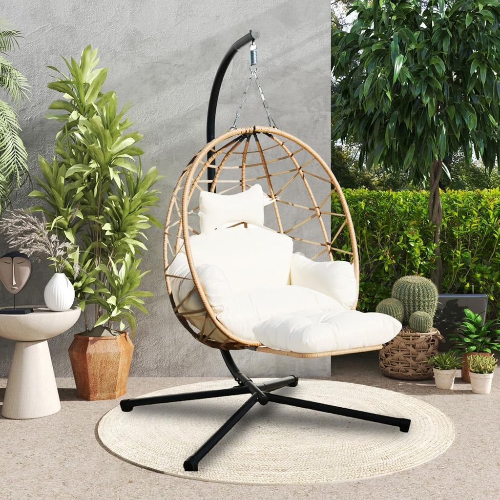 Hanging Egg Chair with Leg Stand, Indoor/Outdoor Swing Egg Chair Hammock Basket Seat Chair with Cushion for Porch Balcony Garden Patio (Ribbon+Rattan, Yellow+White)