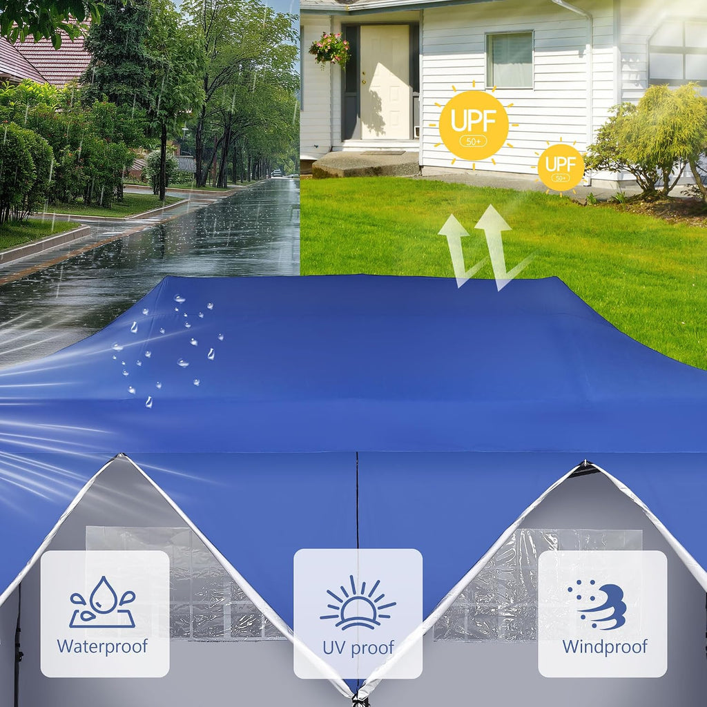 GDY 10'x20' Pop Up Canopy, Folding Party Tent with 6-Panel Removable Sidewalls, Heavy Duty Outdoor Commercial Instant Gazebo with Wheeled Bag, Blue.