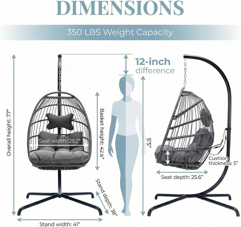 NICESOUL Swing Egg Chair with Stand Indoor Outdoor, Comfortable All Weather Wicker Patio Hanging Egg Shaped Chair with Cushions, 350lbs Capacity Hammock Chairs for Porch Balcony Bedroom, Dark Gray