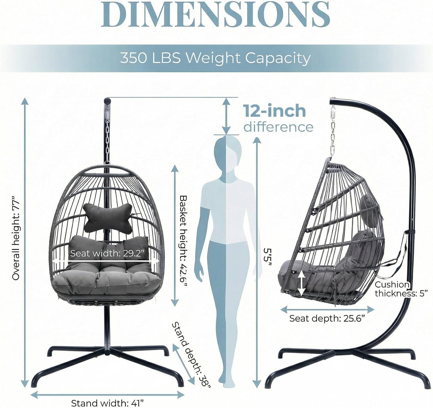 NICESOUL Swing Egg Chair with Stand Indoor Outdoor, Comfortable All Weather Wicker Patio Hanging Egg Shaped Chair with Cushions, 350lbs Capacity Hammock Chairs for Porch Balcony Bedroom, Dark Gray