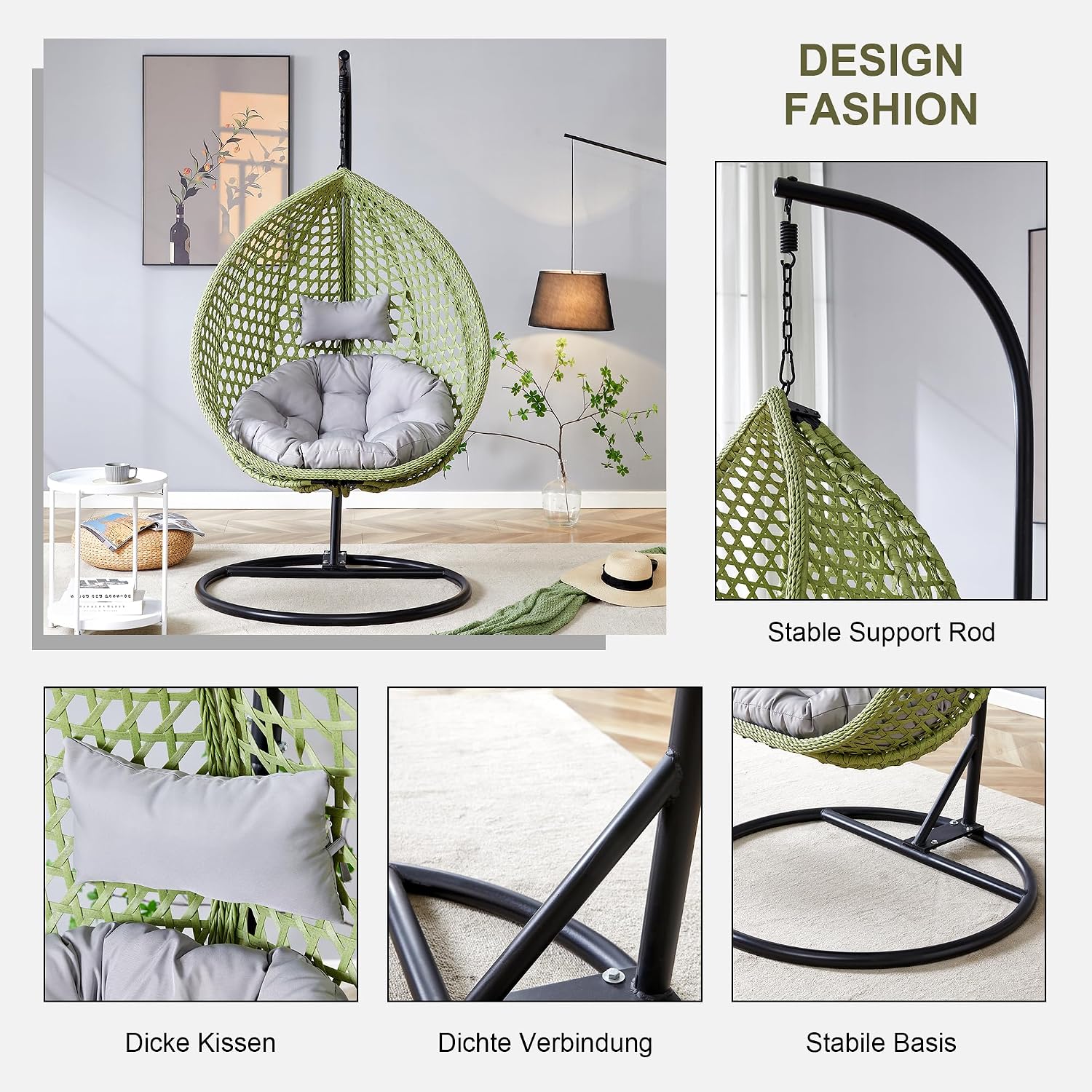 Egg Chair Indoor Outdoor, Hanging Chair for Bedroom, Swing Hammock with Stand & Cushions, Comfy Swinging Adult Reading Chair for Patio Balcony Backyard, Heavy Duty 350LBS, Green