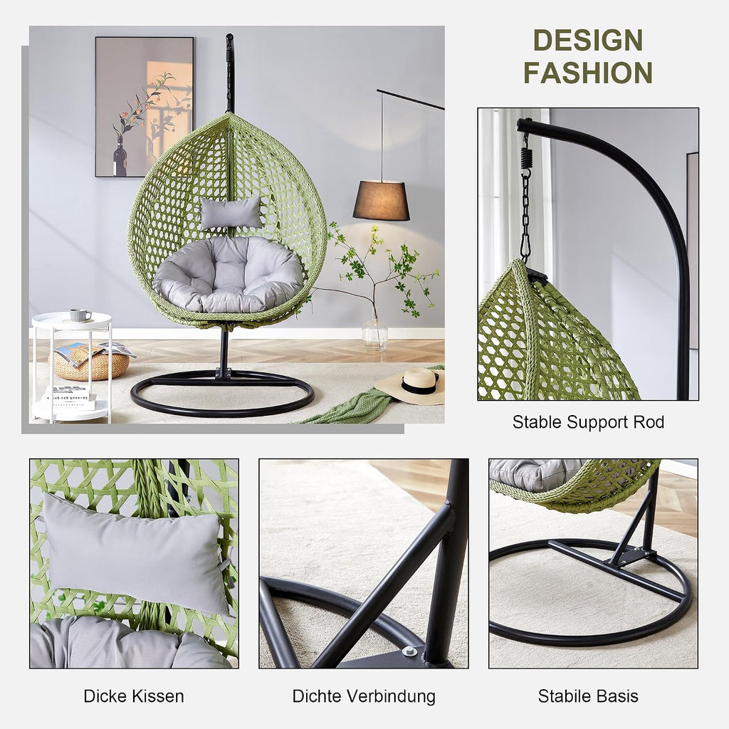 Egg Swing Chair with Stand Outdoor Indoor, Hanging Egg Chair with Cushions and Pillow,300lbs Capacity for Porch, Patio,Garden, Bedroom, Balcony,Green