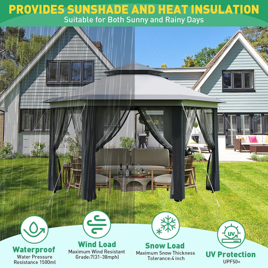 13'x13' Pop Up Gazebo with Mosquito Netting, Canopy Tent with Portable Carry Bag, Outdoor Gazebo for Backyard & Patio Furniture, Double-Layer Outdoor Pergola for Lawn, Garden, Light Grey