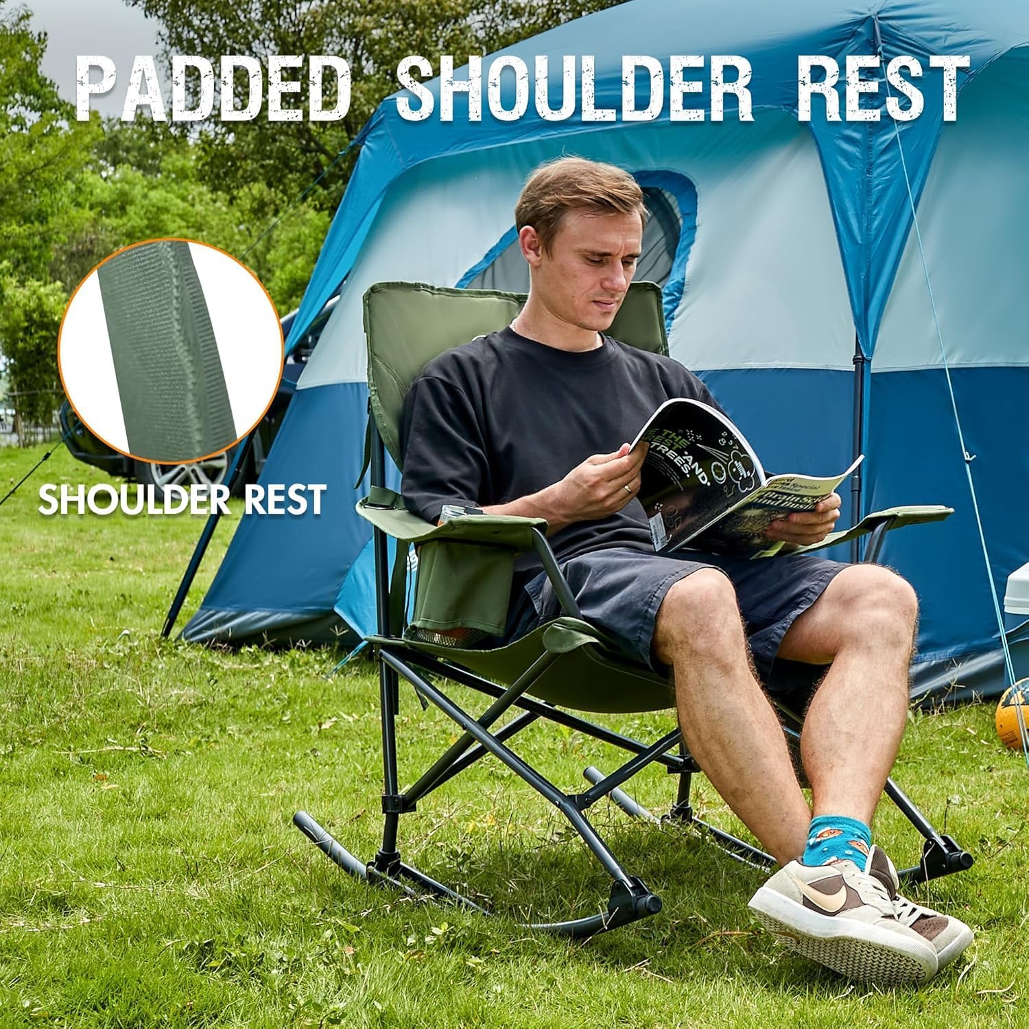 Portal Outdoor Rocking Chair Camping Folding Portable Rocker with Cup Holder Side Pocket Carry Bag, Support 350LBS (Green), 2 Pack