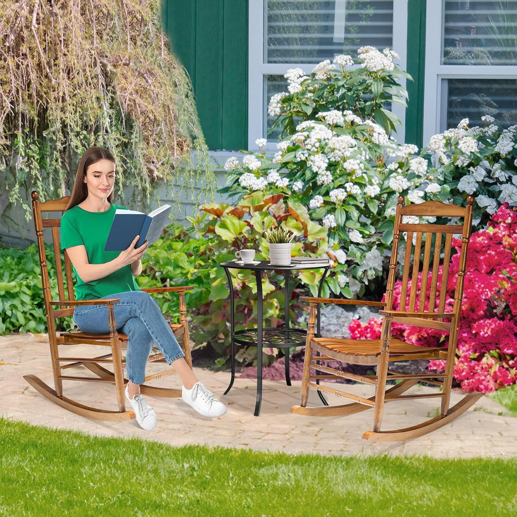 VINGLI Wooden Rocking Chair, Outdoor Chair with 450 lbs Support, Relaxing Rocker with Solid Wood High Back Seat Reclining Seat for Deck, Garden, Backyard, Porch, Indoor or Outdoor Use (Teak, 2PCS)