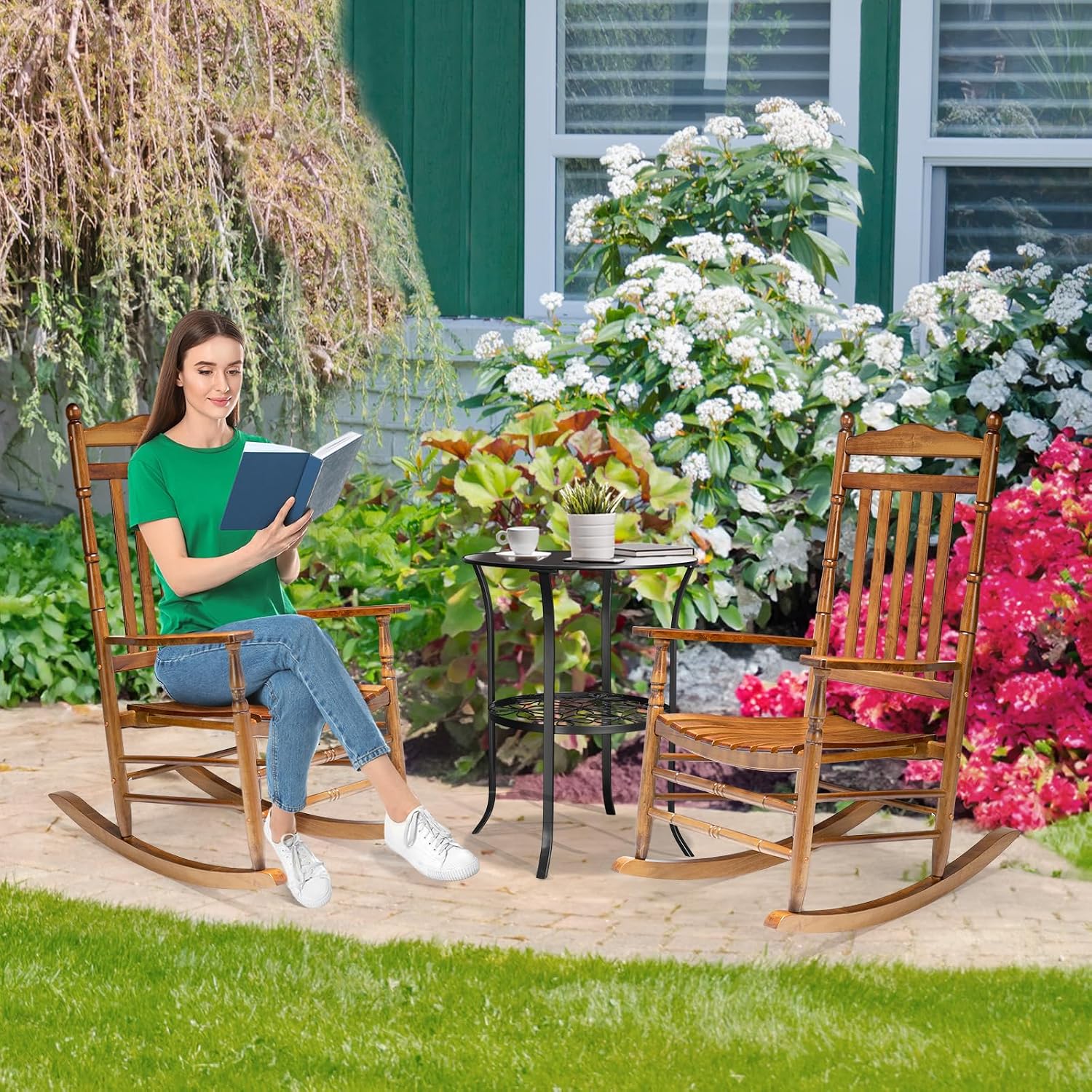 VINGLI Wooden Rocking Chair Outdoor Set of 2, Patio Rockers with High Back, Support 450 LBS Rocking Chairs, for Porch, Patio, Balcony, Garden, Yard (Oak, 2 PCS)