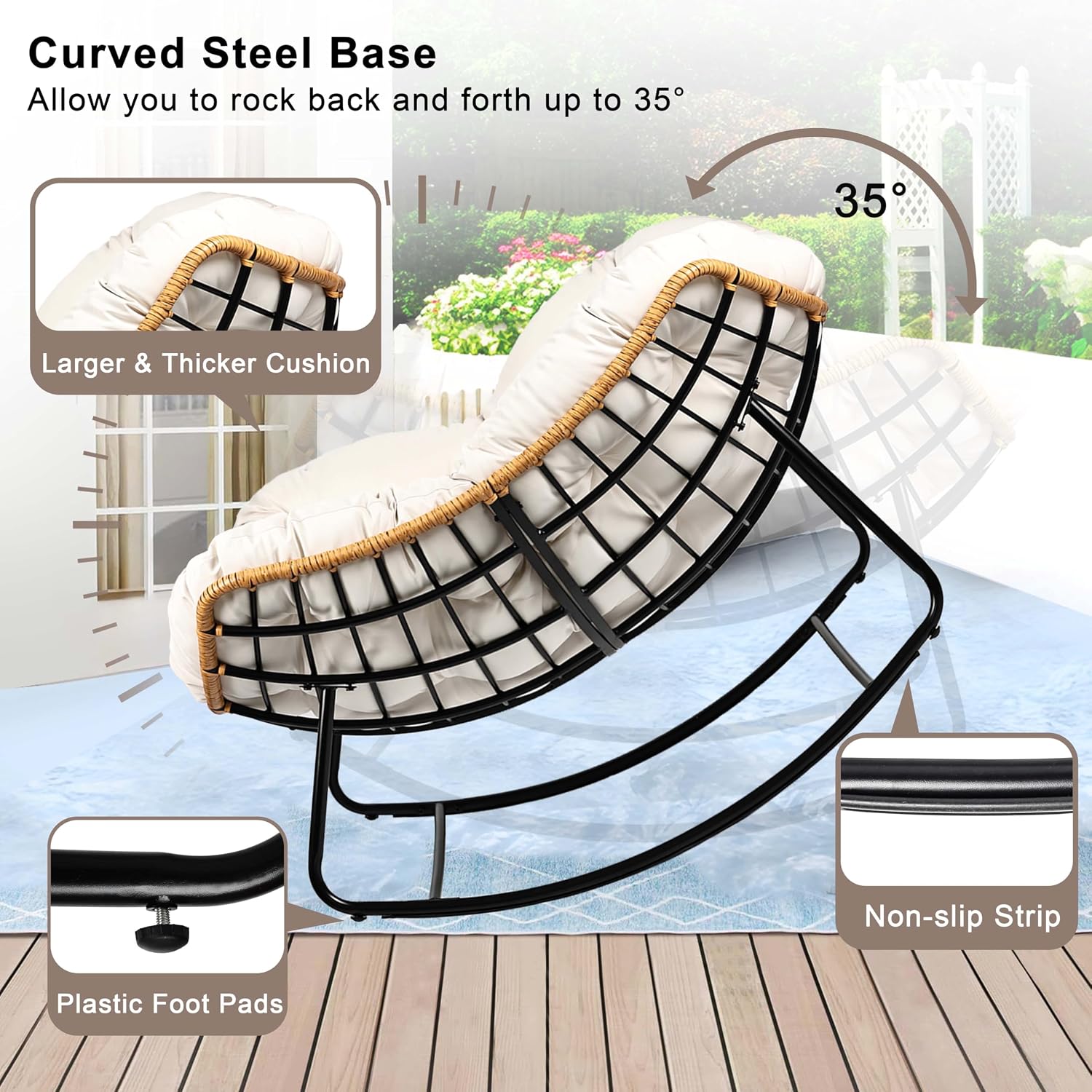 Outdoor Egg Rocking Chair, Indoor Papasan Rocking Chair with Thick Cushion, Modern Lounge Rocker for Balcony, Living Room, Bedroom, Porch, Lawn, Garden (Ivory)