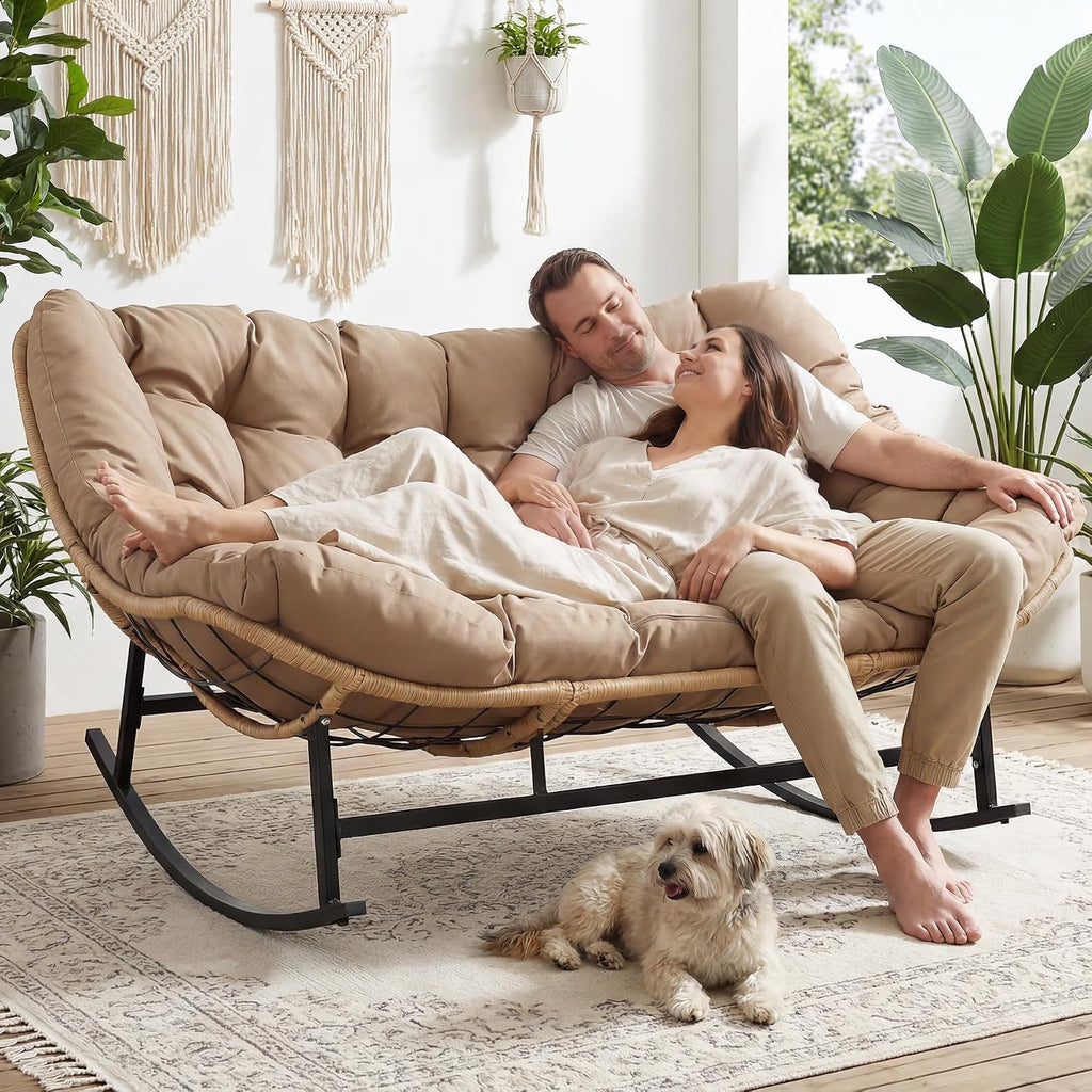 BULEXYARD Double Papasan Rocking Chair Indoor Outdoor, 2 Person Wicker Rocking Egg Chair with Cushions for Relaxing/Napping, Heavy Duty Cozy Patio Lounge Loveseat for Balcony, Porch, Brown
