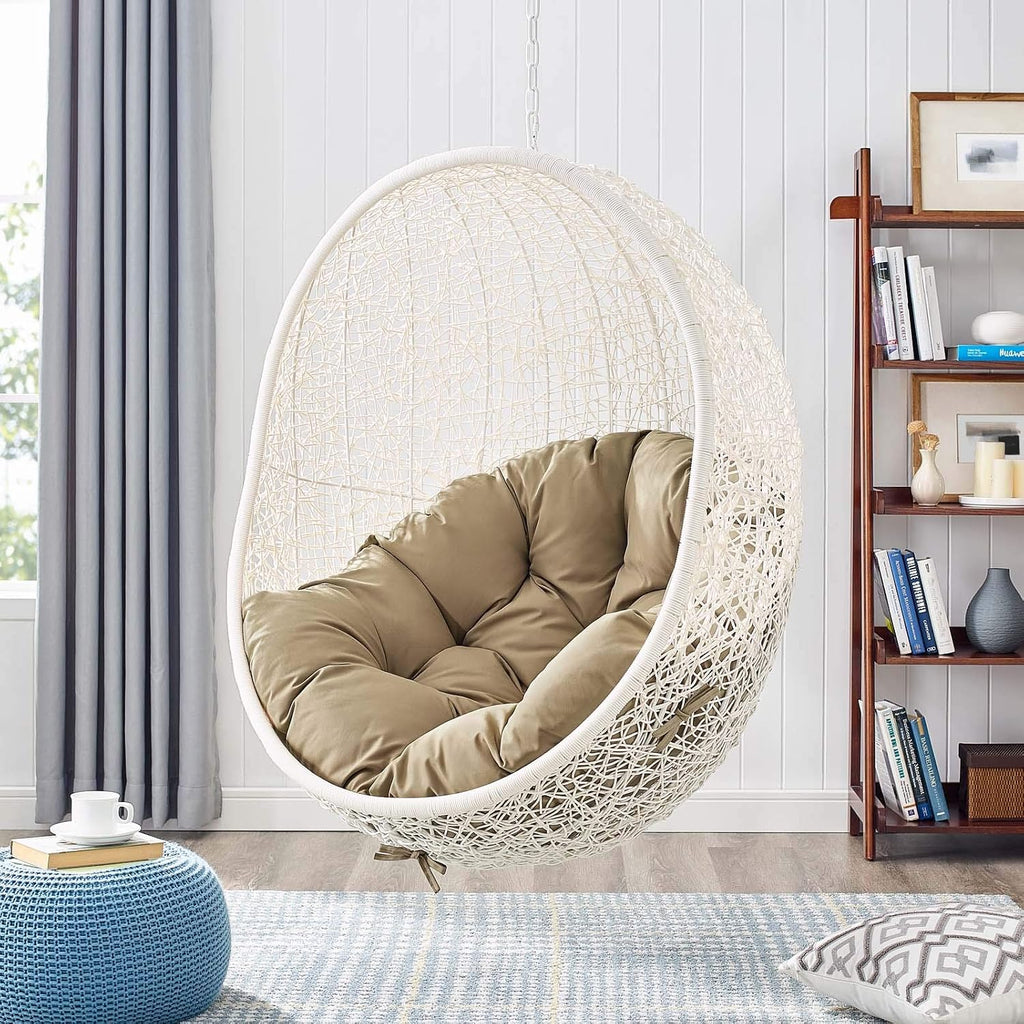 Modway Hide Wicker Rattan Outdoor Patio Porch Lounge Egg Swing Chair Set with Stand in White Mocha