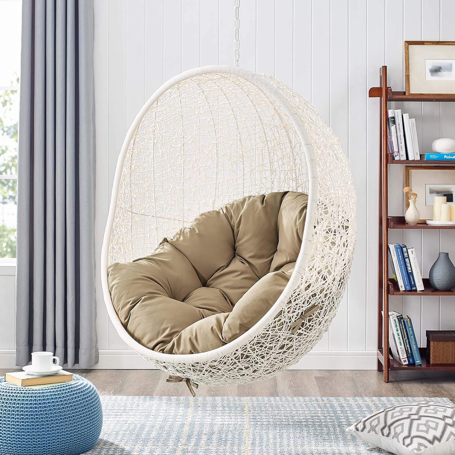 Modway Hide Wicker Rattan Outdoor Patio Porch Lounge Egg Swing Chair Set with Stand in White Mocha