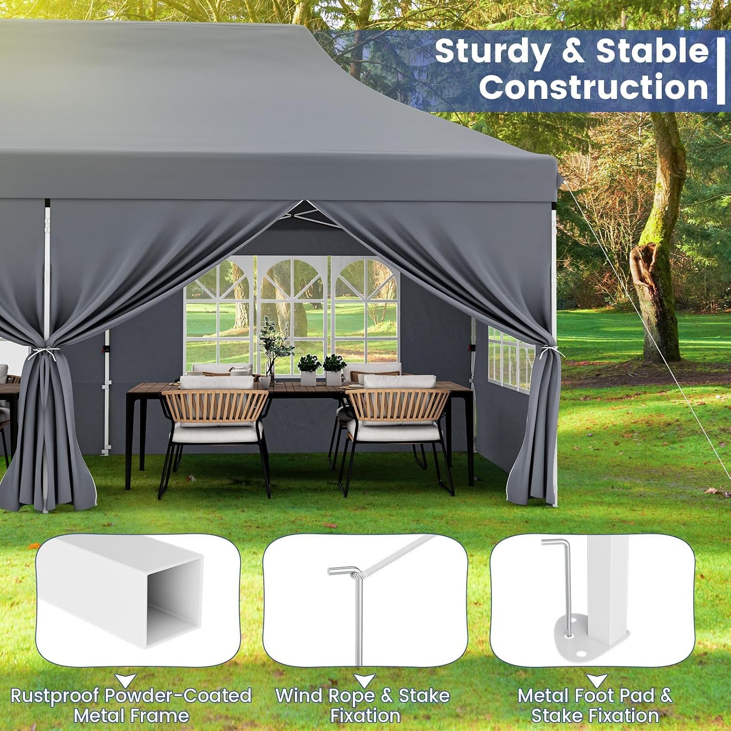 HAPPYGRILL 10x20 Pop Up Canopy Tent with Detachable Sidewalls, Waterproof UPF 50+ Outdoor Instant Gazebo Shelter with Carry Bag for Party Wedding Patio Garden, Grey