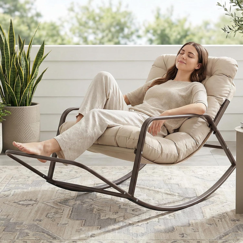 RADIATA Rocking Lounge Chair, Indoor Outdoor Reclining Lounger with Footrest & Cushion, 400lbs Weight Capacity, Comfortable Rocker for Relaxation, Reading and Napping (Beige)