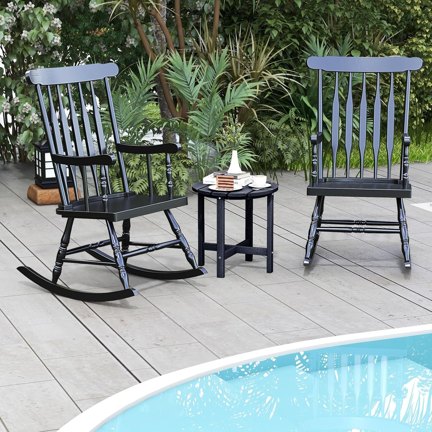 Giantex Outdoor Wood Rocking Chair - Patio Rocking Chair with Solid Rubber Wood Frame, Slat Back, Outside & Indoor Rocker for Garden, Poolside, Balcony, Backyard, Lawn, Front Porch Rocker, Black