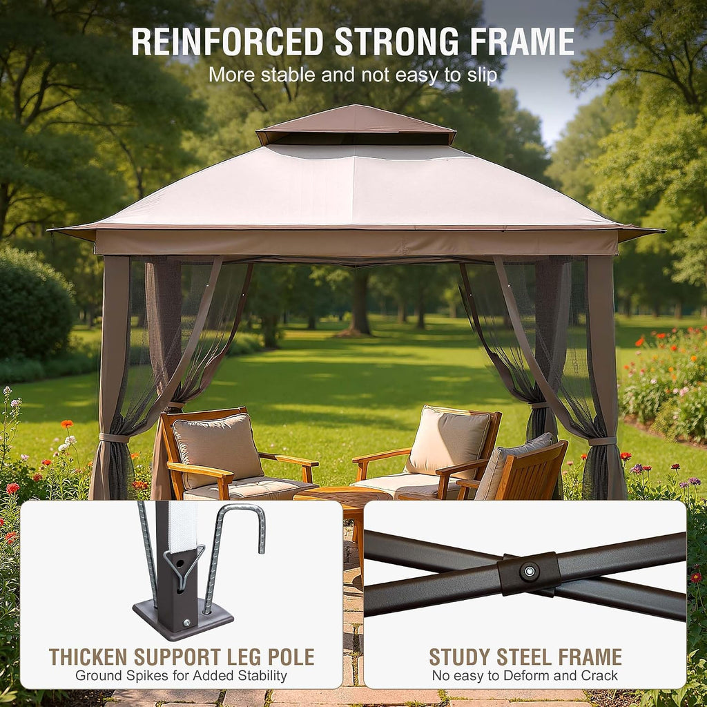 Pop Up Gazebo 11x11, Outdoor Instant Canopy Shelter Tent with Mosquito Netting Metal Frame Storage Bag for Patio Garden Backyard.(Beige)