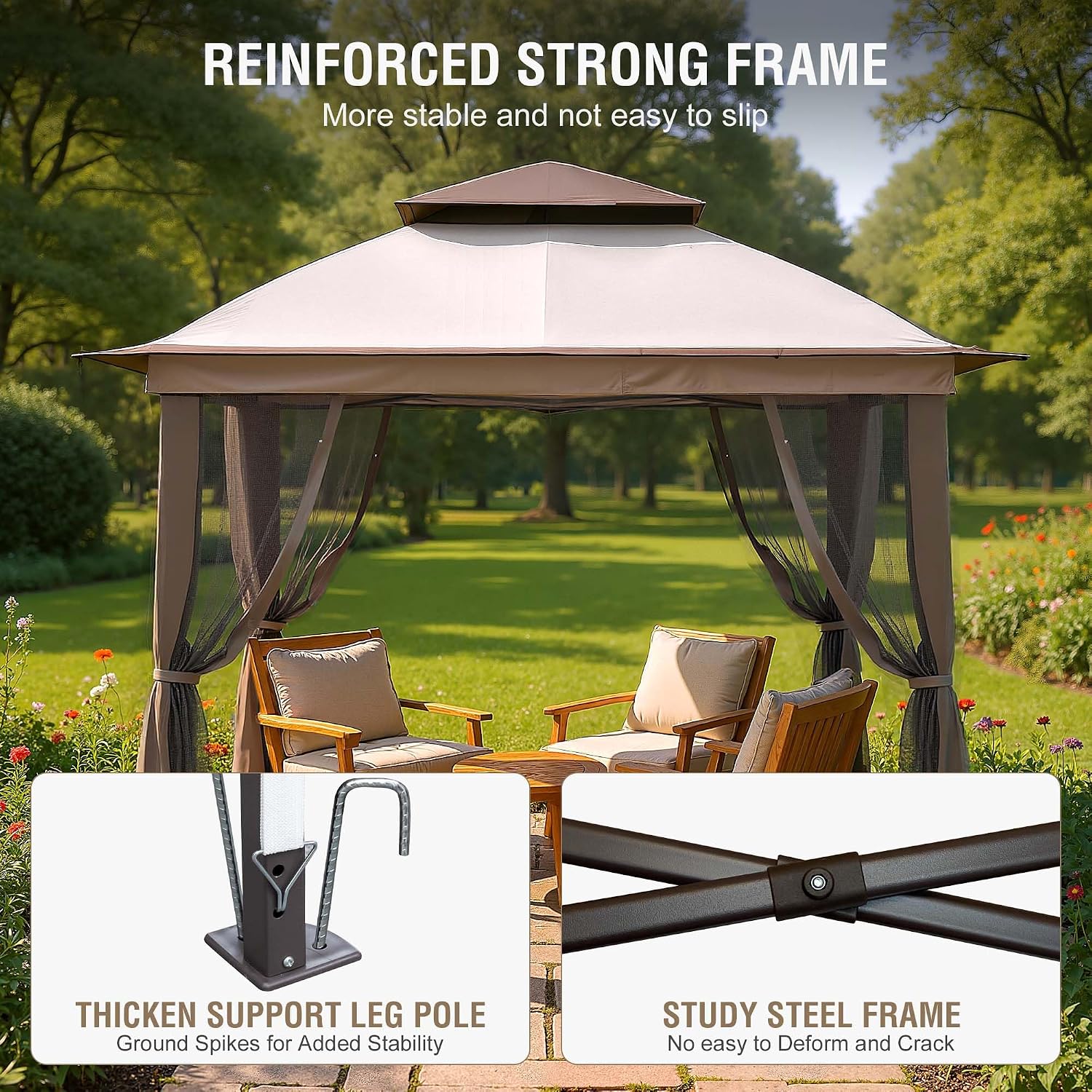 Pop Up Gazebo 11x11, Outdoor Instant Canopy Shelter Tent with Mosquito Netting Metal Frame Storage Bag for Patio Garden Backyard.(Beige)