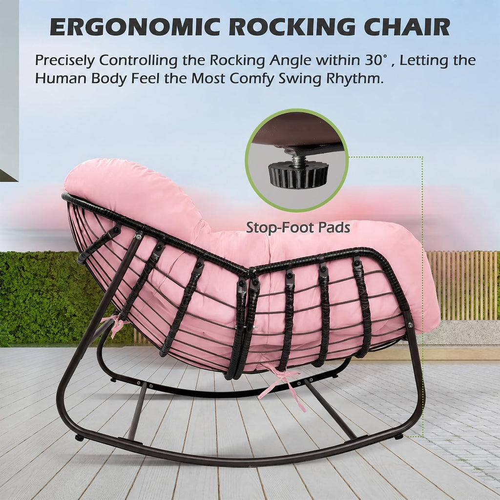 Papasan Rocking Chair, Oversized Papasan Chair with Cushion and Frame for Indoor& Outdoor,Egg-Shaped Patio Rocking Chair for Garden, Deck, Living Room, Pink