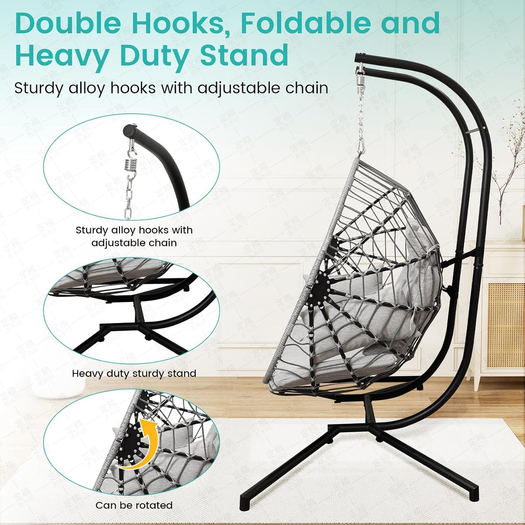 Double Egg Swing Chair with Stand Patio Rattan Wicker Hammock Chairs Outdoor Indoor Egg Swing Chair with Cushion Headrest 550 Lbs Capacity for Bedroom Balcony Garden Porch Backyard, Grey