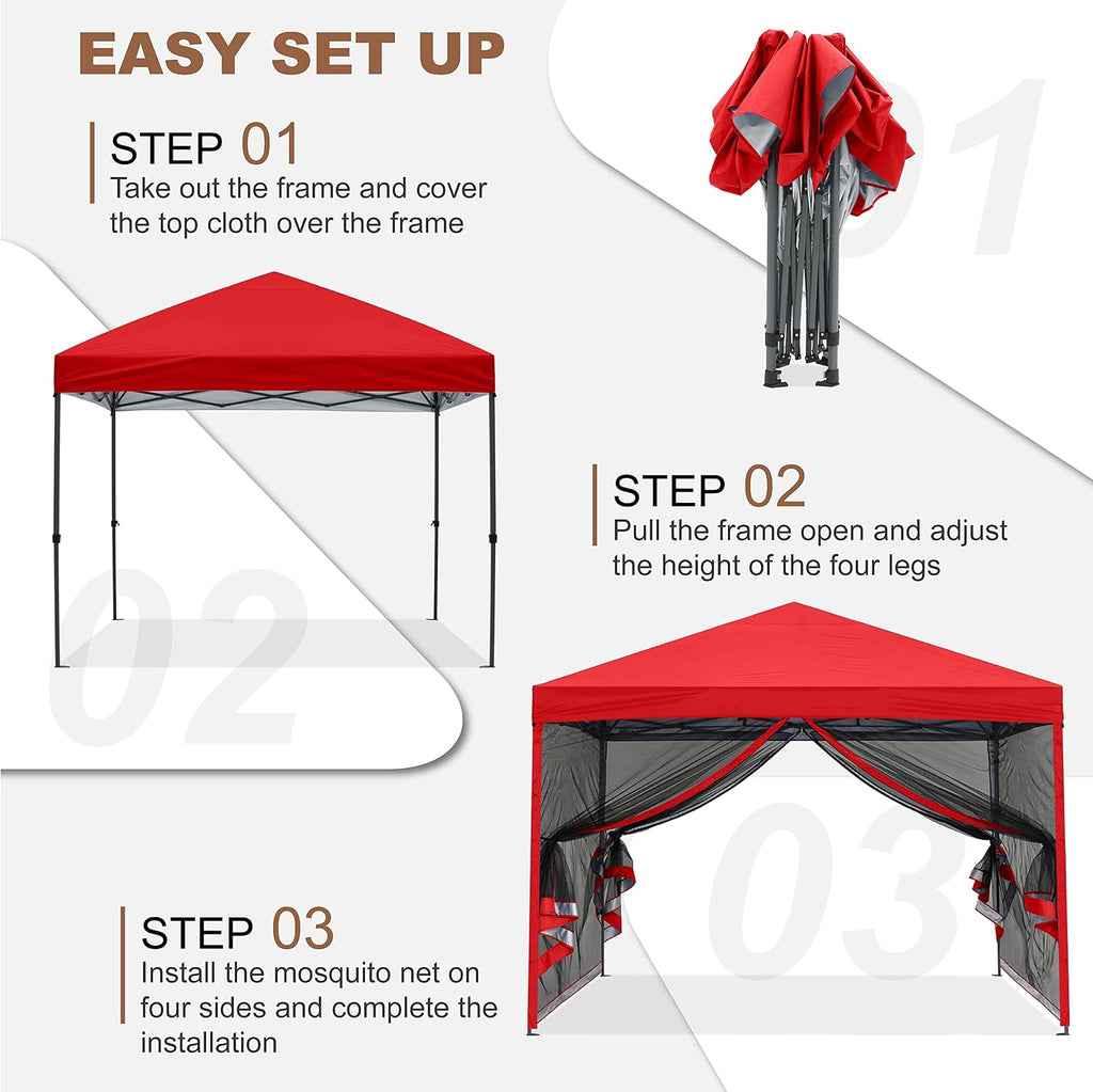 MASTERCANOPY Pop-Up Easy Setup Outdoor Canopy with Netting Screen Walls (8x8, Red)