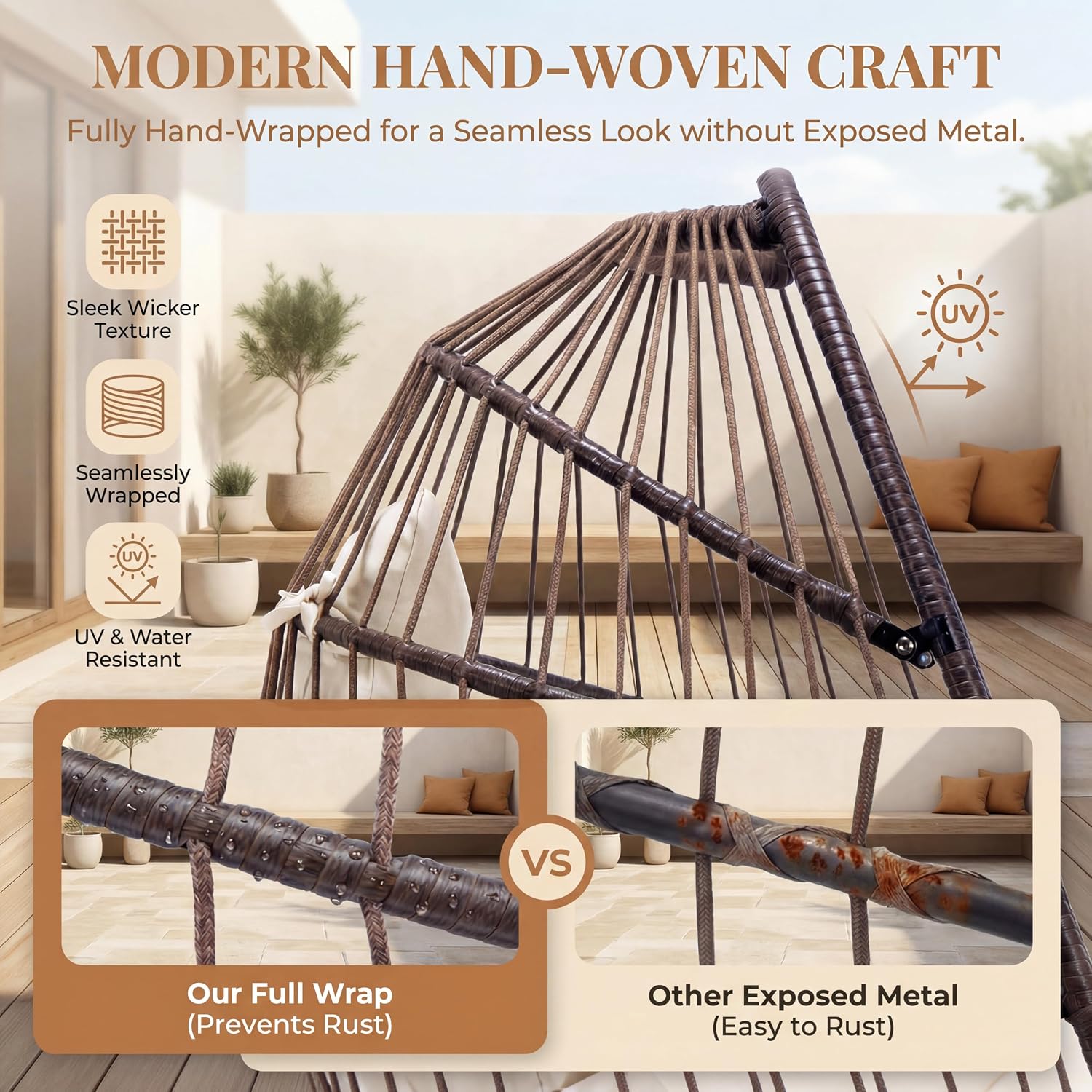 RADIATA Wicker Egg Swing Chair with Stand for Outside, Outdoor Comfy Hanging Egg Patio Chairs with Thick Cushion, 350Lbs Durable Swinging Rattan Chair for Bedroom Porch Backyard Balcony, Brown, Tan